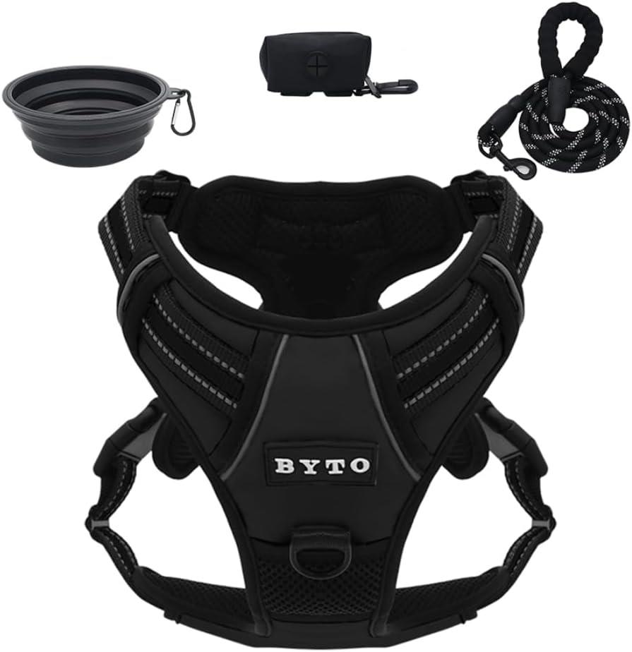 Byto Black No Pull Harness Set Reflective Strips 5Ft Dog Lead Medium - 41-56Cm - 5Ft - 1