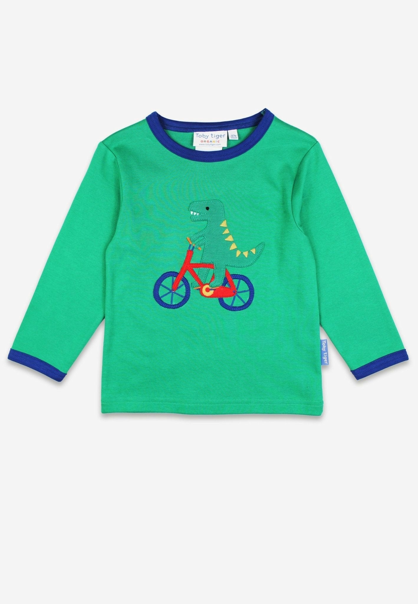 Toby Tiger Green Organic Toys Bicycle Dinosaur Applique Long-Sleeved T-Shirt - 6-7Y / 122Cm