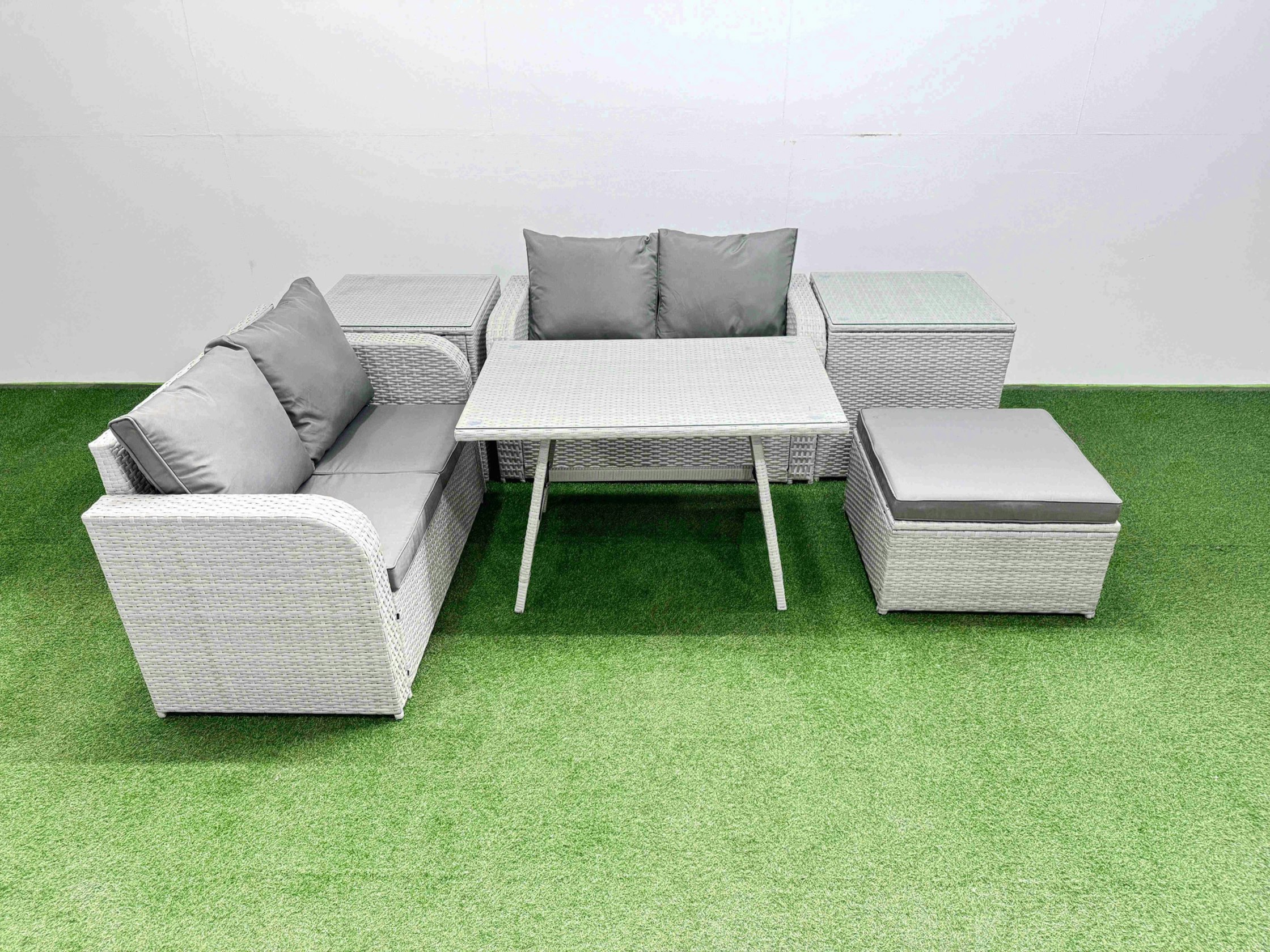 Rackhams Light/Grey 5 Seater Outdoor Love Sofa Set Rattan Garden Furniture Set With Rectangular Dining Table 2 Side Tables Big Footstool