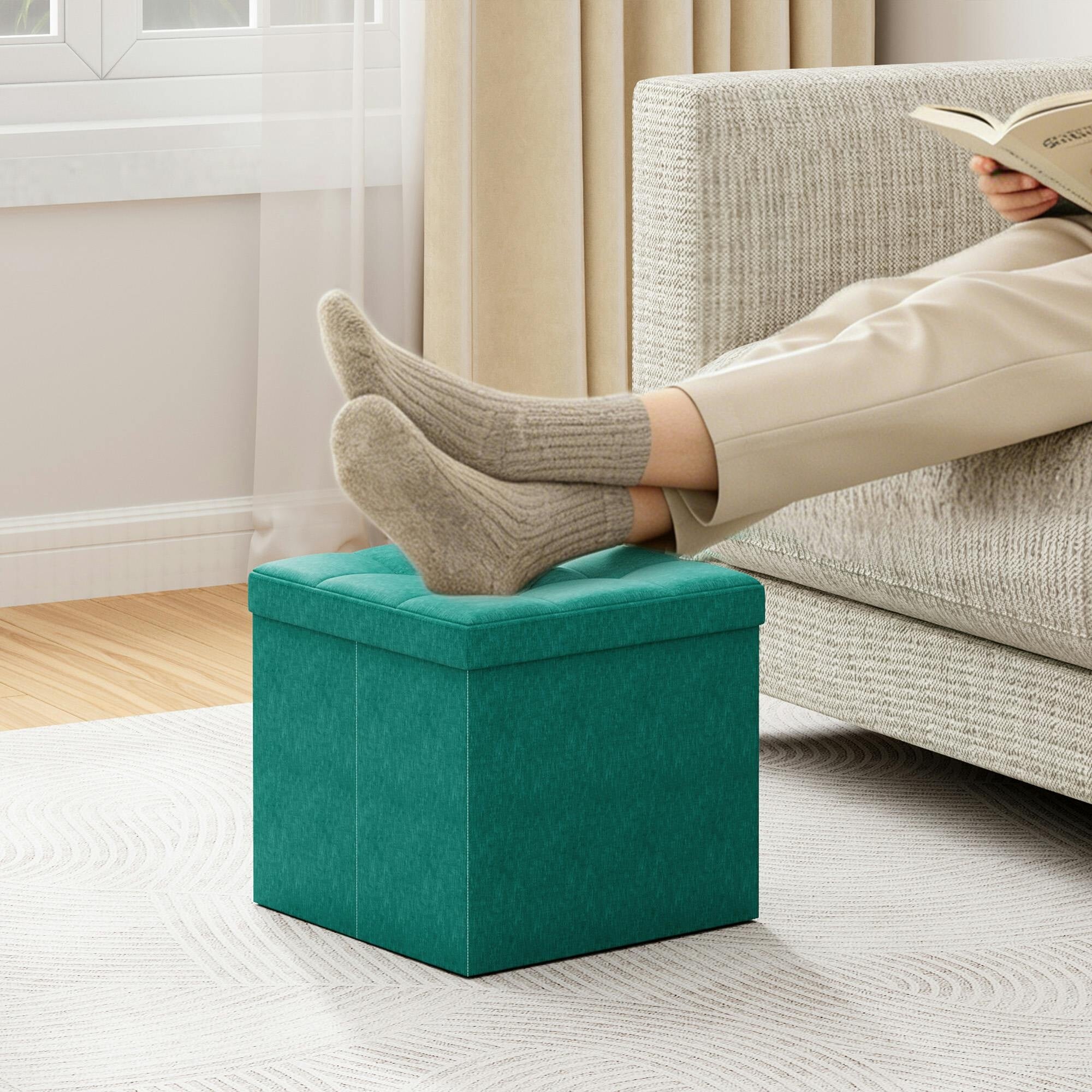 Mcc Direct 38Cm Square Foldable Storage Ottoman Upholstered Footstool B - Green - Image 4