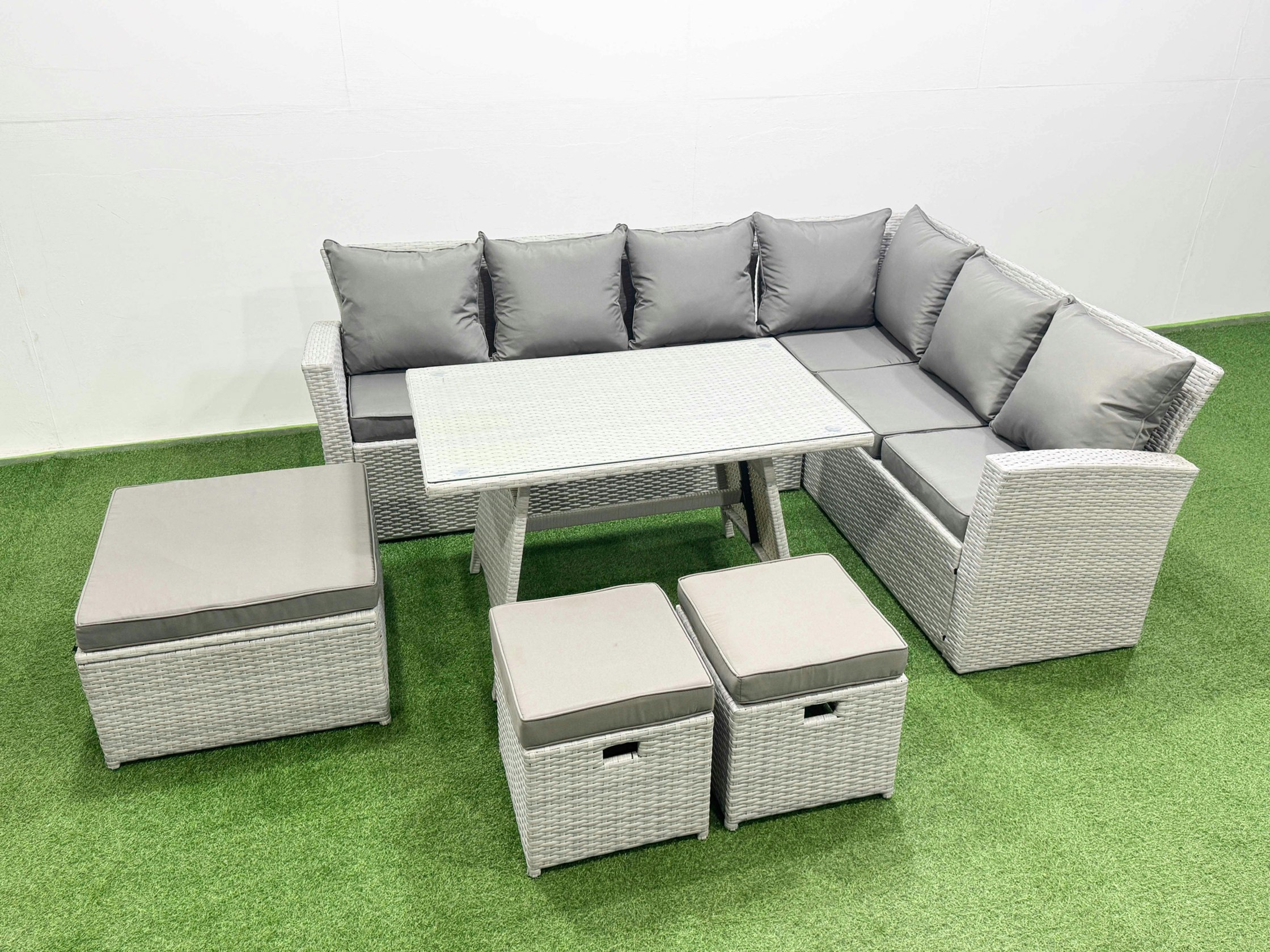 Rackhams Light/Grey 9 Seater Garden Outdoor Rattan Furniture Set Rattan Corner Sofa Oblong Dining Table Set With 3 Footstools Mixed