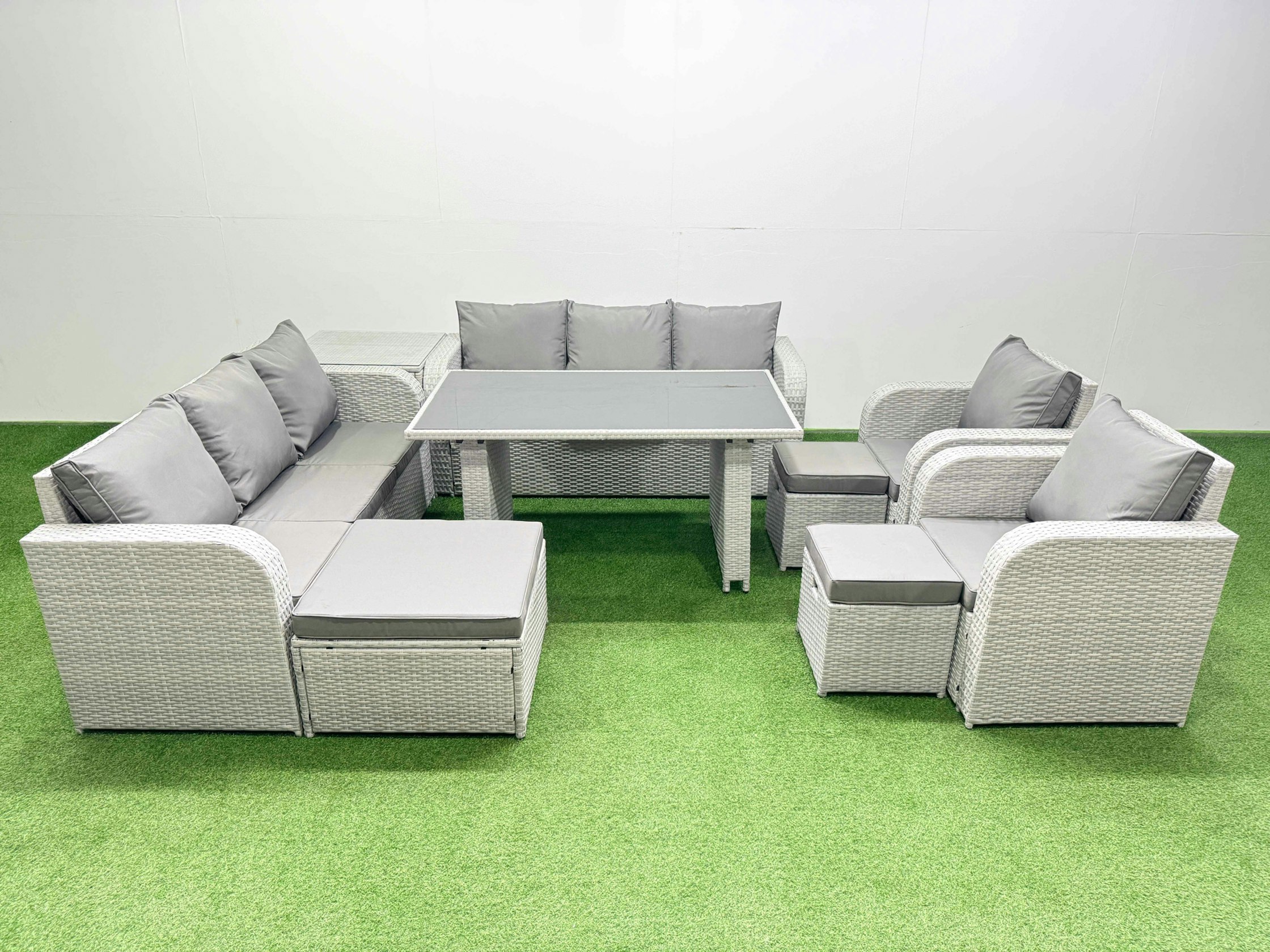 Rackhams Light/Grey 11 Seater Wicker Pe Rattan Furniture Outdoor Dining Table 3 Seater Sofa Reclining Chair Set With Side Table 3 Stools