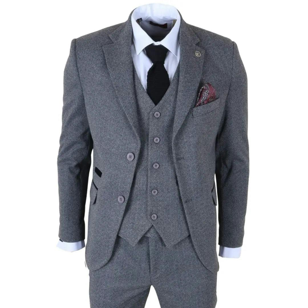 Truclothing Men's Grey Im41 - 3 Piece Tweed Herringbone Suits - 48" Jacket 42" Trousers