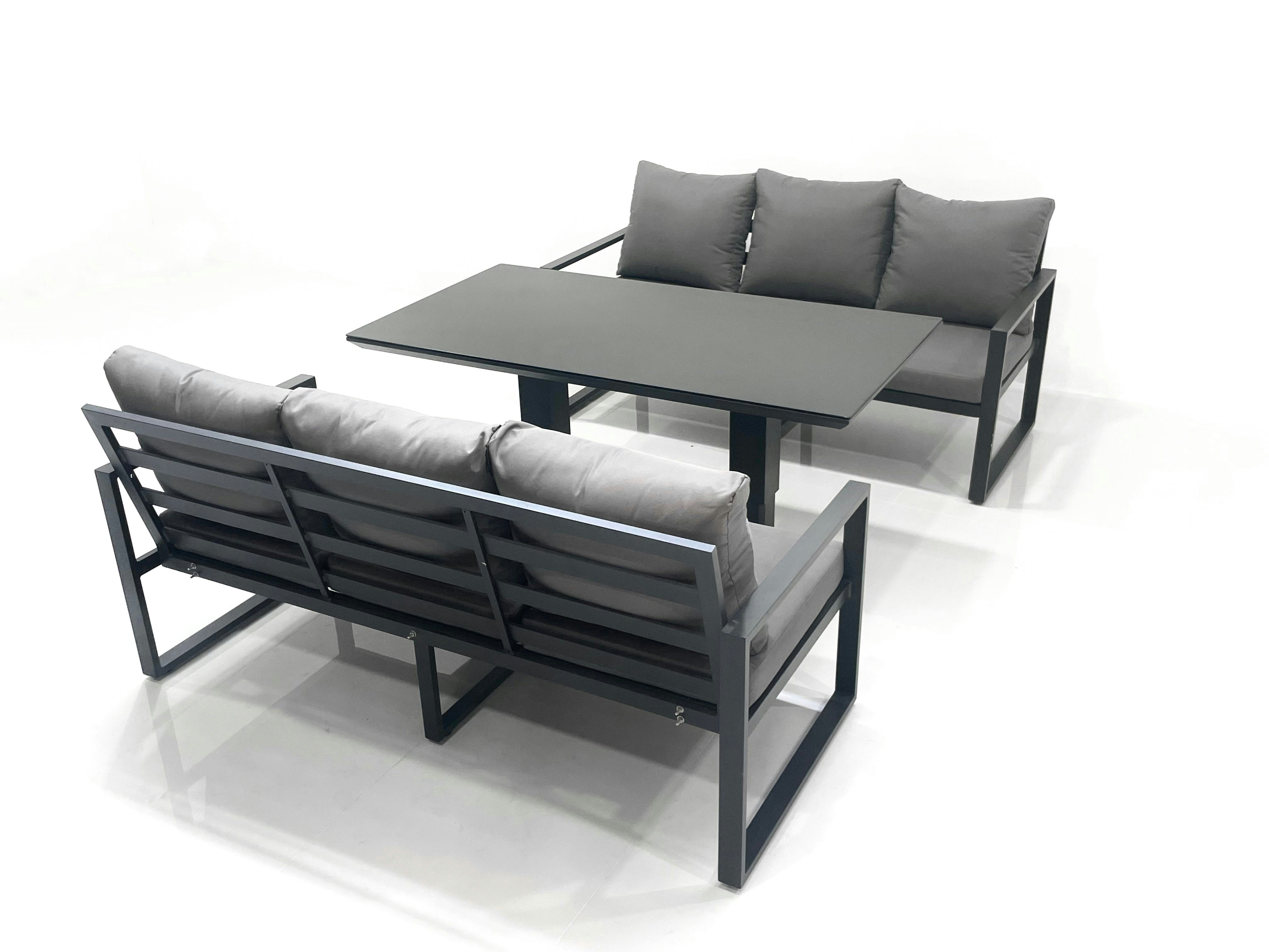 Fimous Dark/Grey 6 Seater Aluminium Outdoor Garden Furniture Set With Adjustable Rising Lifting Dining Table 3 Seater Sofa