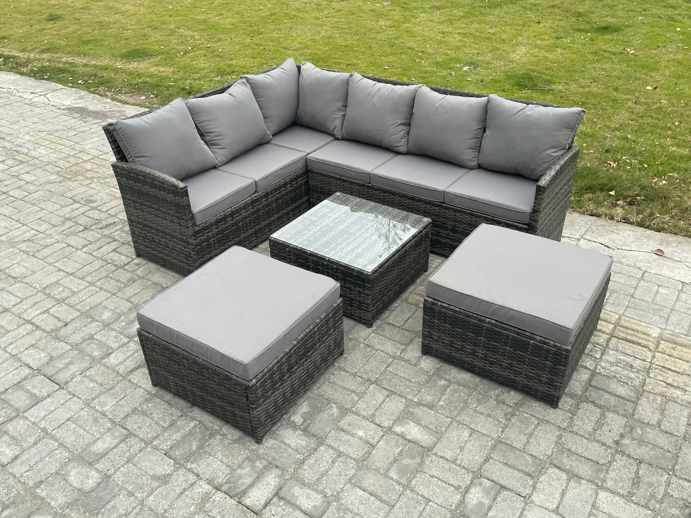 Fimous Dark/Grey 8 Seater Outdoor Garden Furniture Set Wicker Pe Rattan Corner Sofa Set With Square Coffee Table 2 Big Footstool Mixed