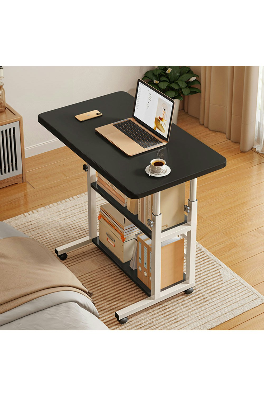 Rackhams Black 3-Tier Height Adjustable Mobile Table Overbed Desk With Shelves Wheels