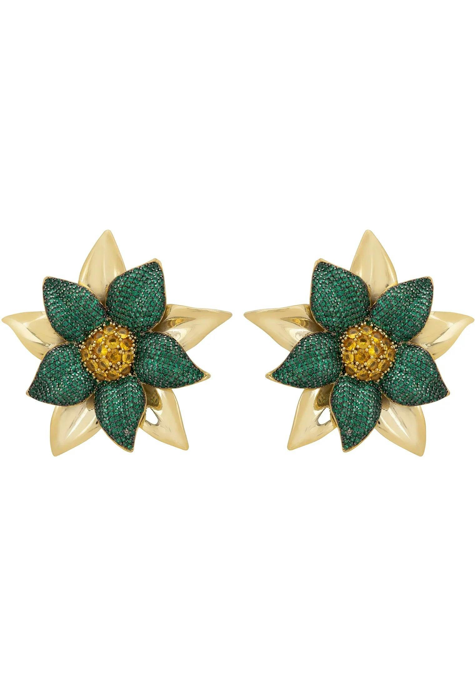 Latelita Gold Marguerite Daisy Flower Large Stud Earrings Emerald