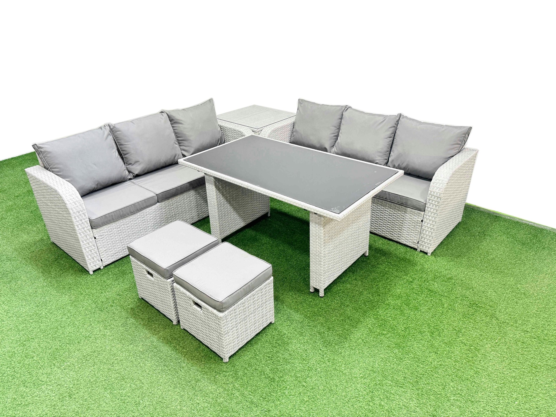 Fimous Light/Grey 8 Seater Rattan Outdoor Dining Table 3 Seater Sofa Set With Side Table 2 Small Stools