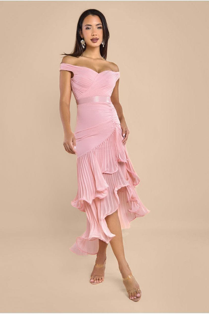 Goddiva Pink Pleated Bardot High Low Tier Chiffon Midaxi Dress - Blush By - Blush - 16