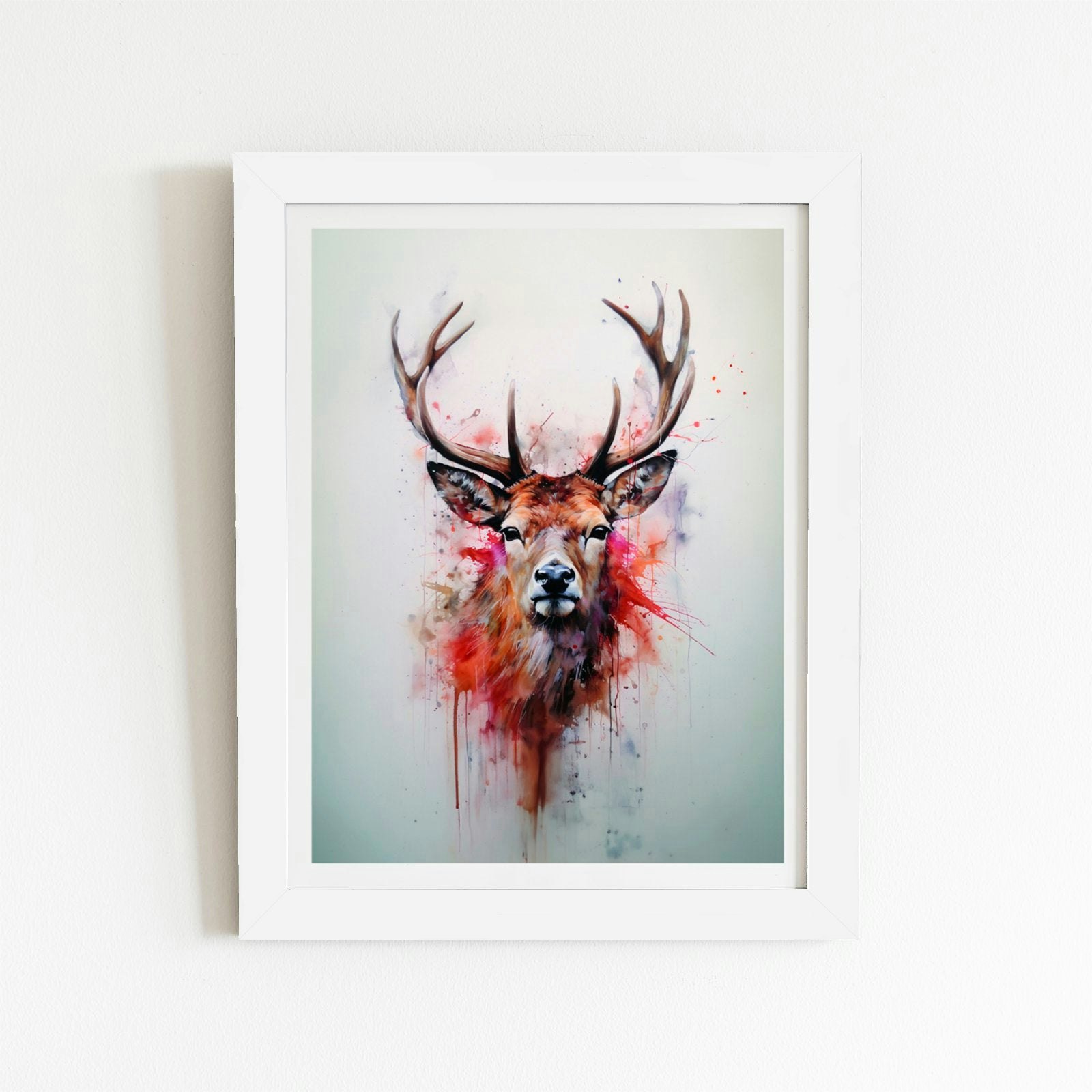 Rackhams White Watercolour Splashart Stag Face Art Prints - 16" X 24" - Frame