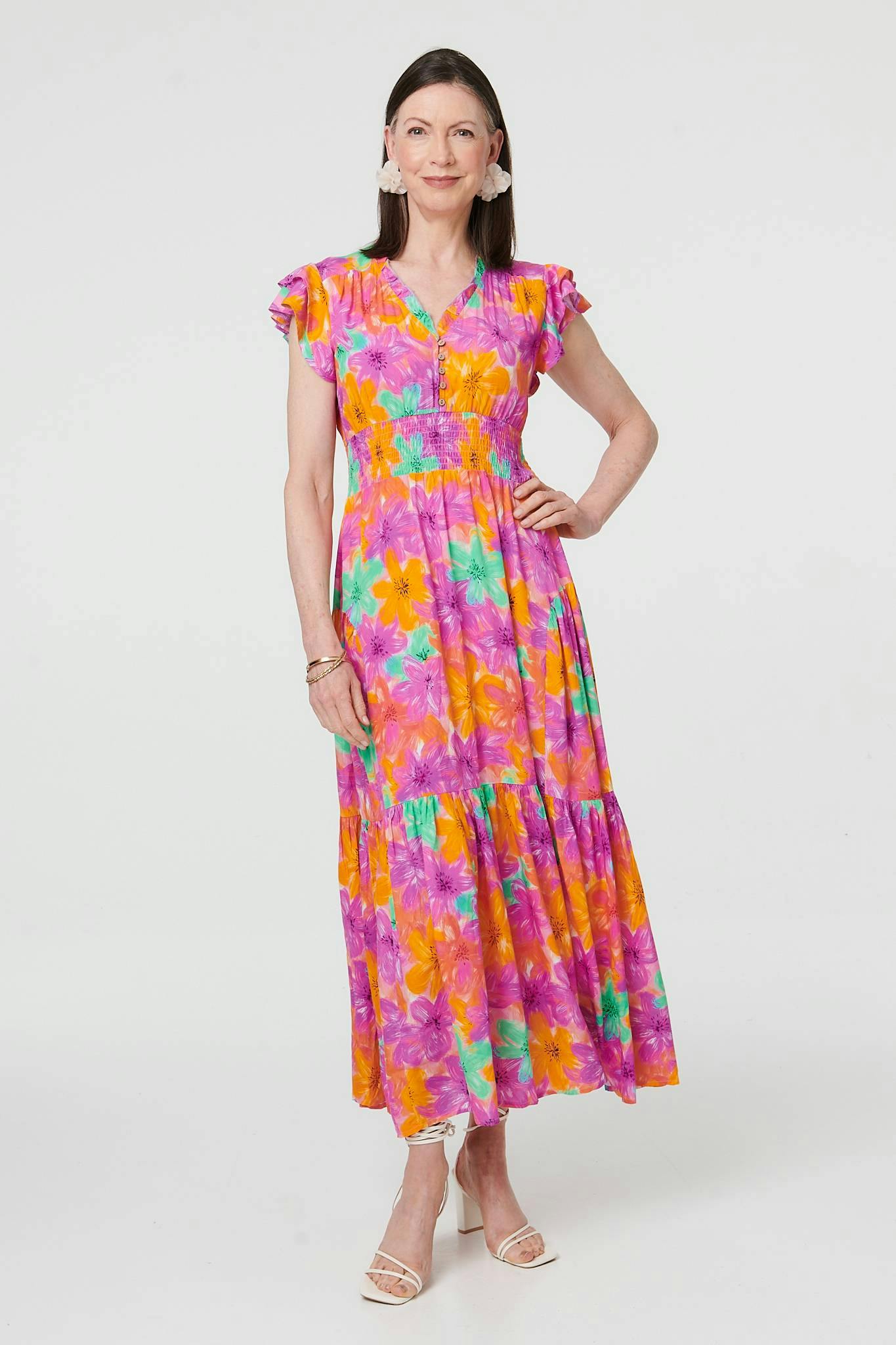 Izabel London Red Floral V-Neck Cap Sleeve Maxi Dress - 18