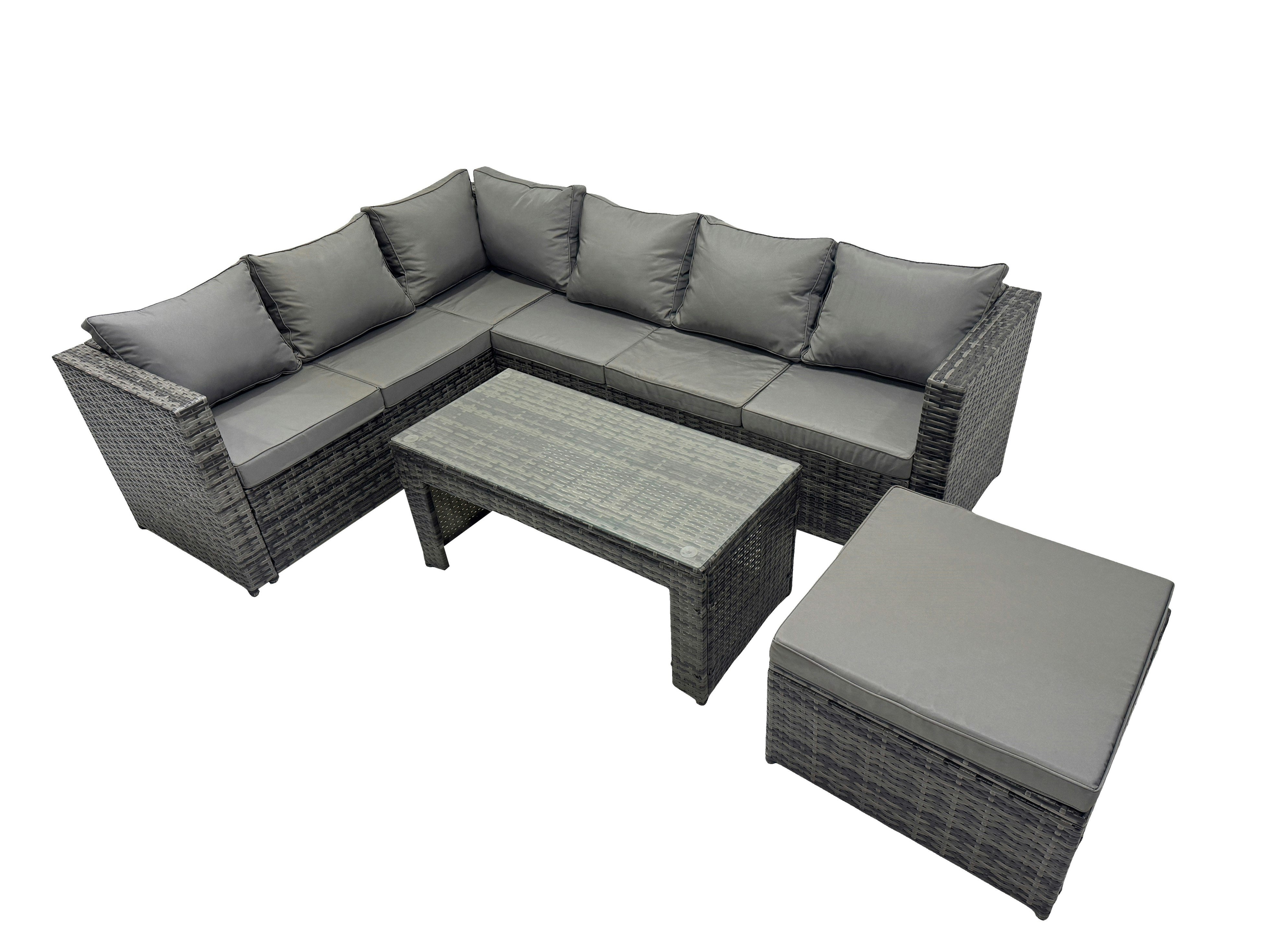 Rackhams Dark/Grey 4 Pieces Outdoor Pe Rattan Garden Furniture Corner Sofa Oblong Coffee Table Set With Cushions Big Footstool Mixed