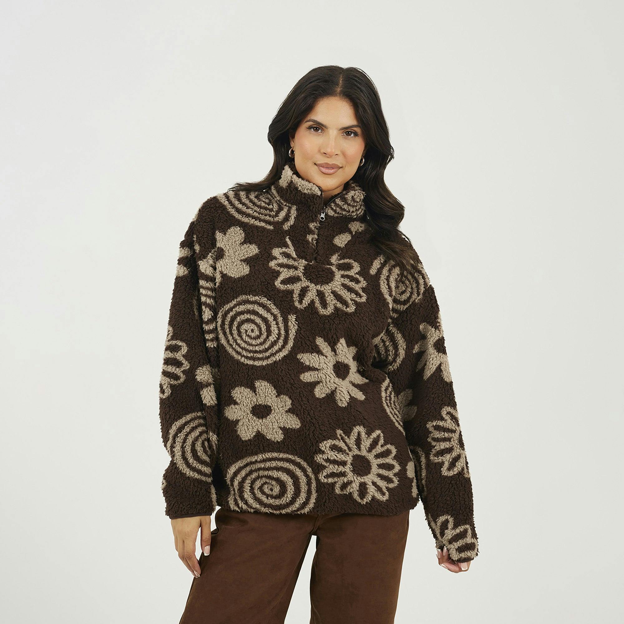 Brave Soul Quarter Zip Flower Print Sherpa Fleece - Chocolate - Chocolate - S