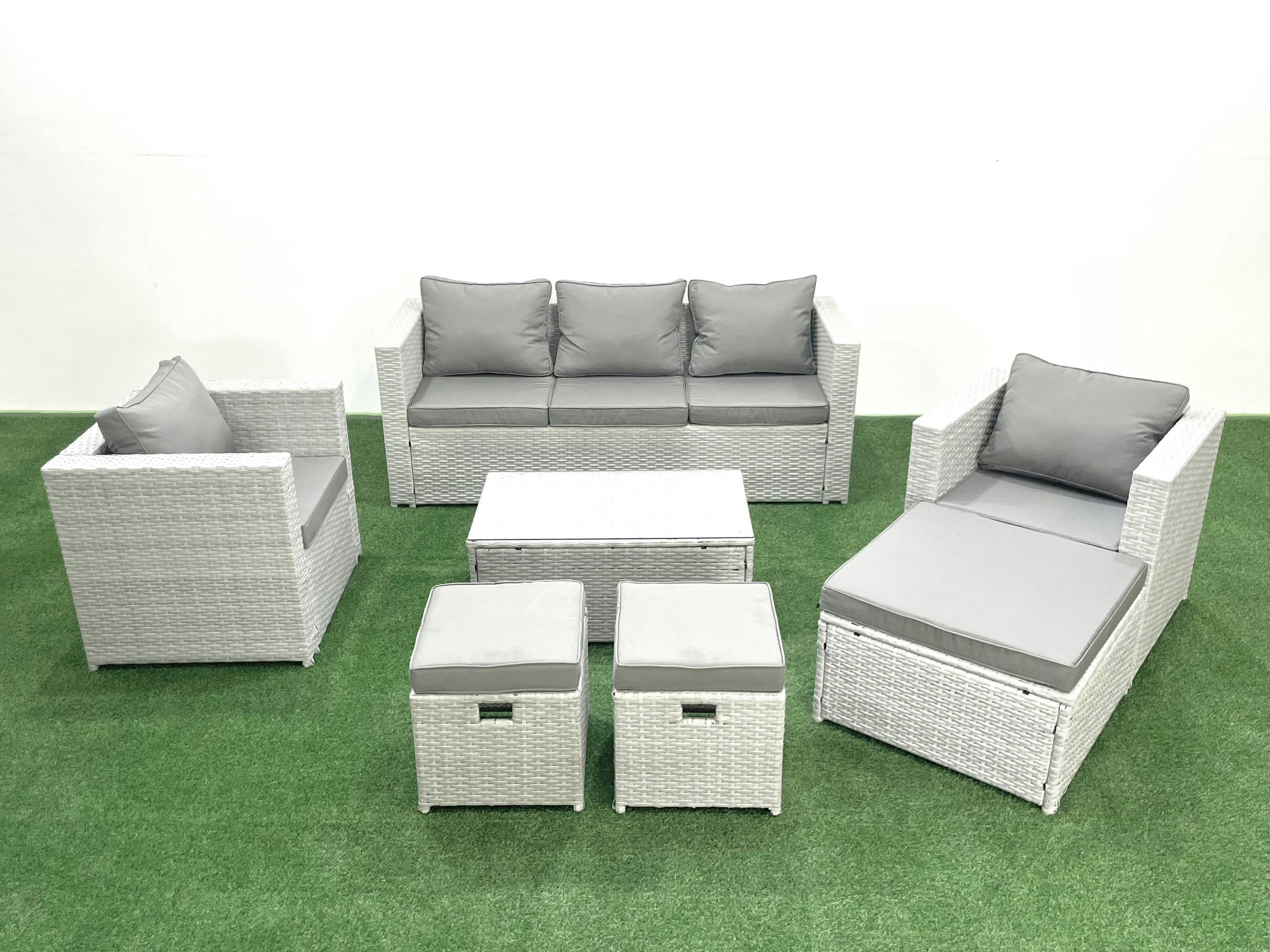 Rackhams Light/Grey Rattan Garden Outdoor Furniture Sofa Set With Rectangular Coffee Table 2 Chairs 3 Footstools Mixed