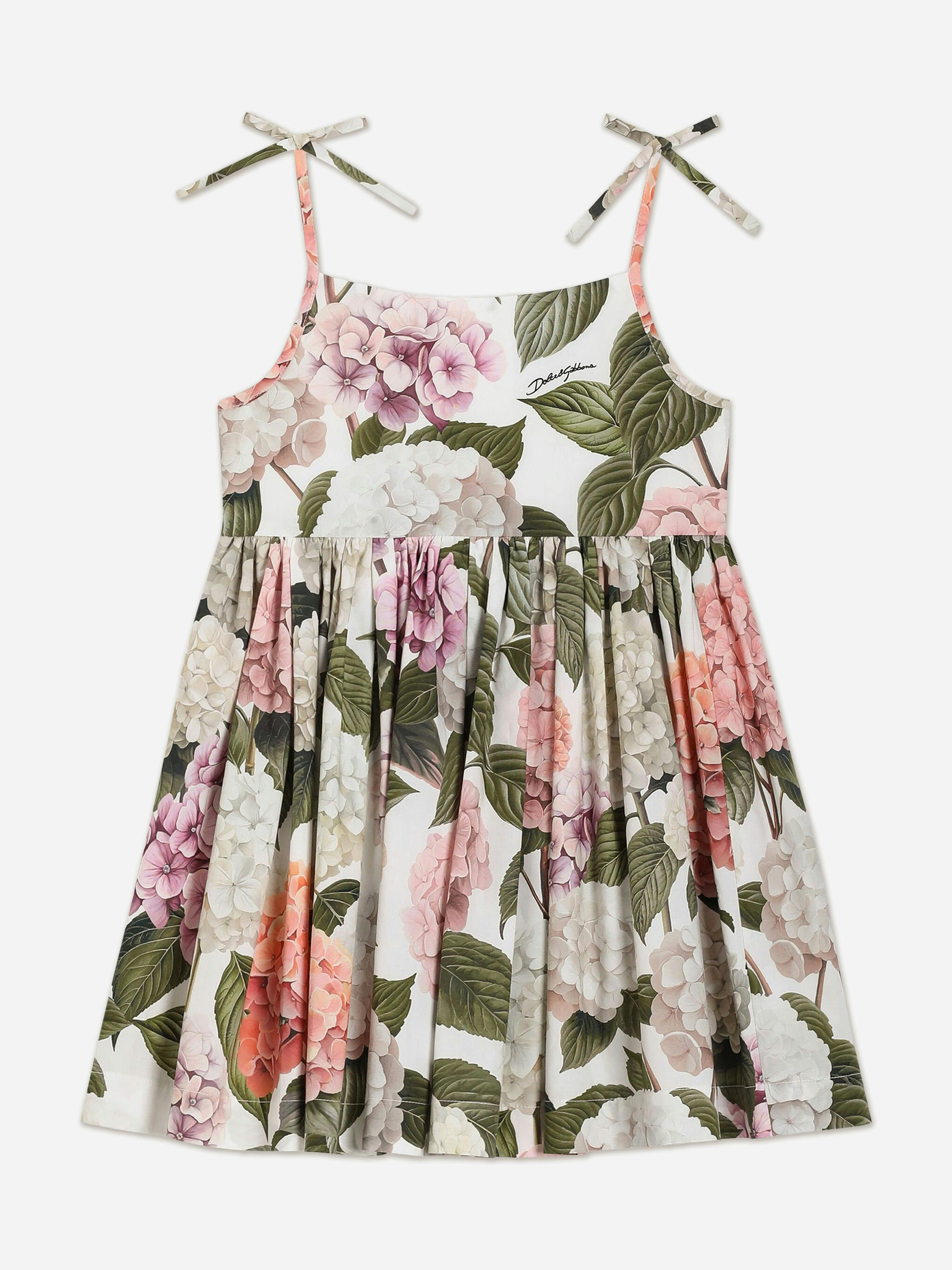 Dolce & Gabbana Kids Girls White Dolce & Gabbana Cotton Hydrangea Print Dress In - 12 Yrs