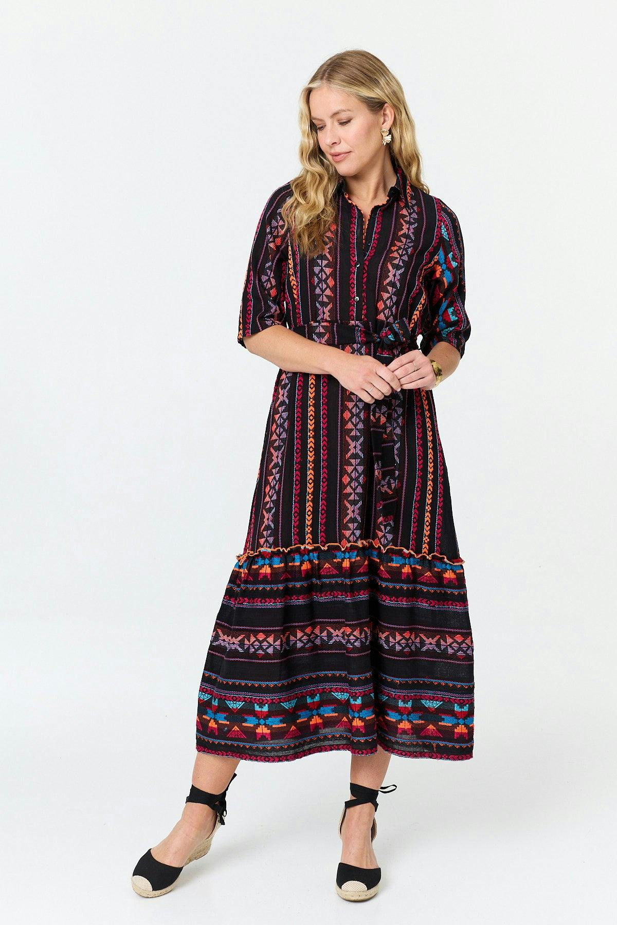Izabel London Black Printed 1/2 Sleeve Shirt Midi Dress - 8