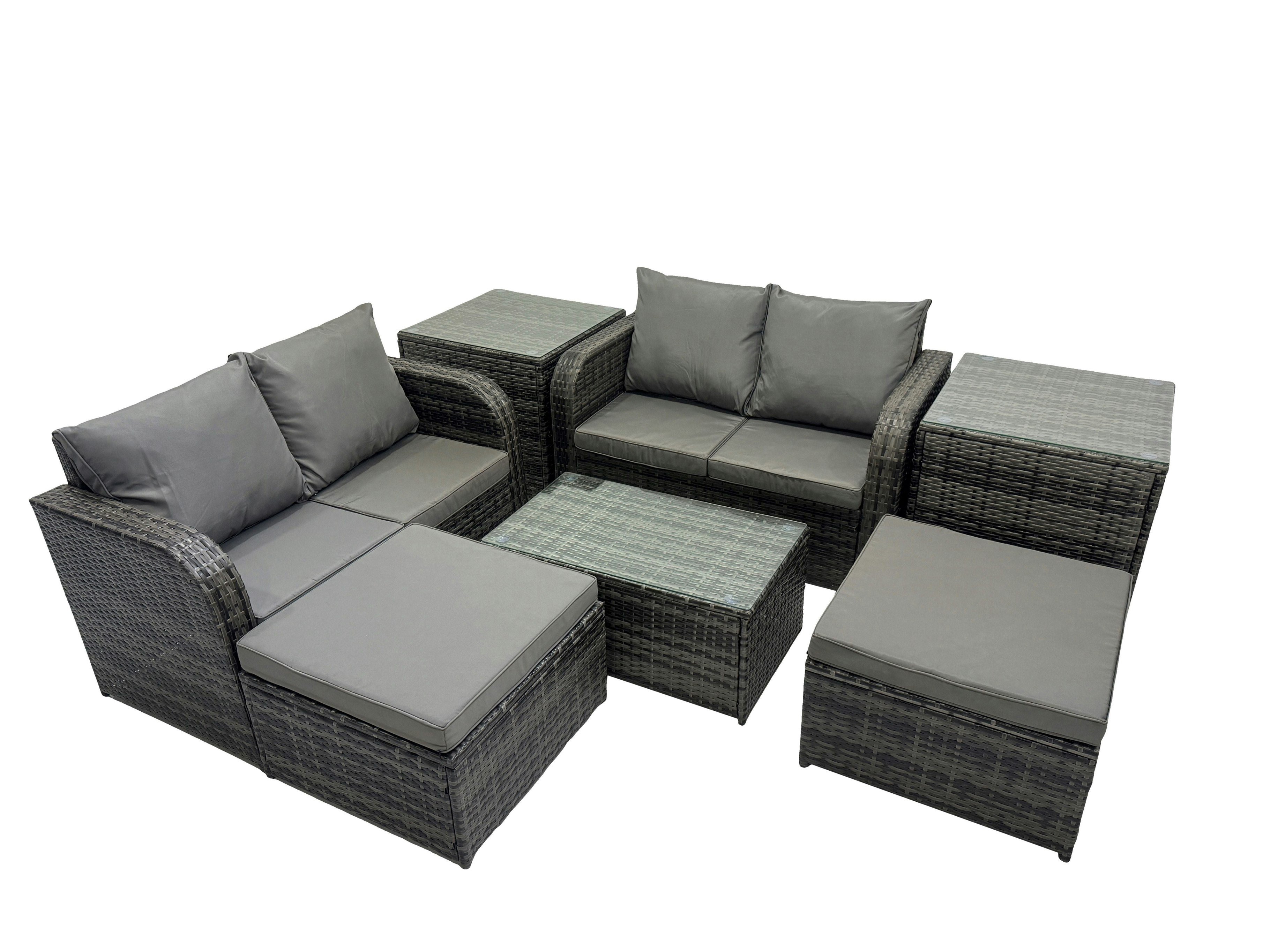 Rackhams Dark/Grey Outdoor Love Sofa Coffee Table Set Garden Rattan Furniture Set 6 Seater With 2 Side Tables 2 Big Stools