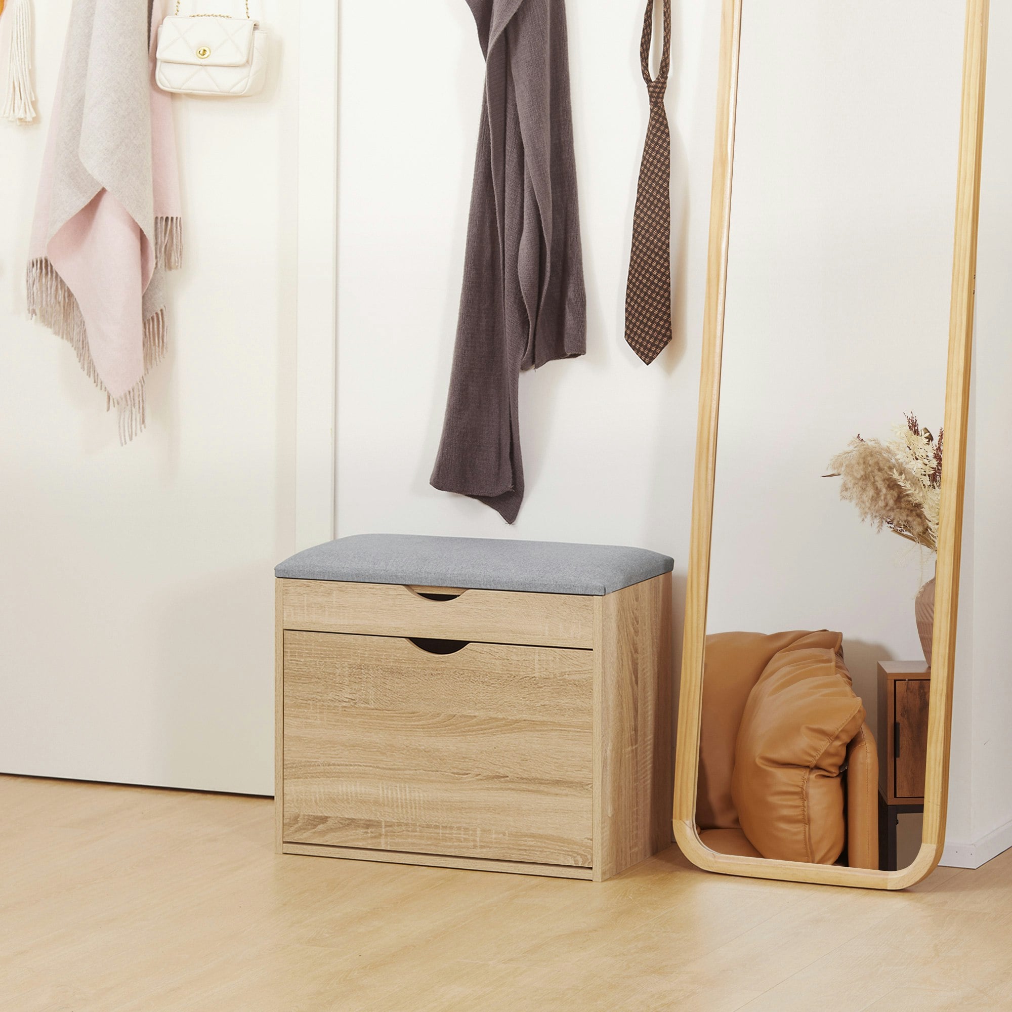 Entryway Shoe Bench with Cushion Storage Cabinet Natural Wood Rack - Image 4