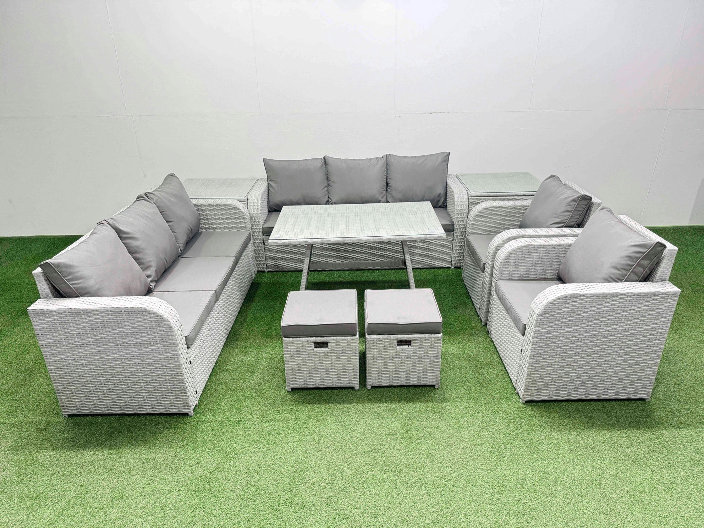 Rackhams Light/Grey Rattan High Back Lounge Sofa Set Patio Dining Table & Chairs Set With 3 Seater Sofa 2 Reclining Chairs 2 Side Tables 2 Small Stool
