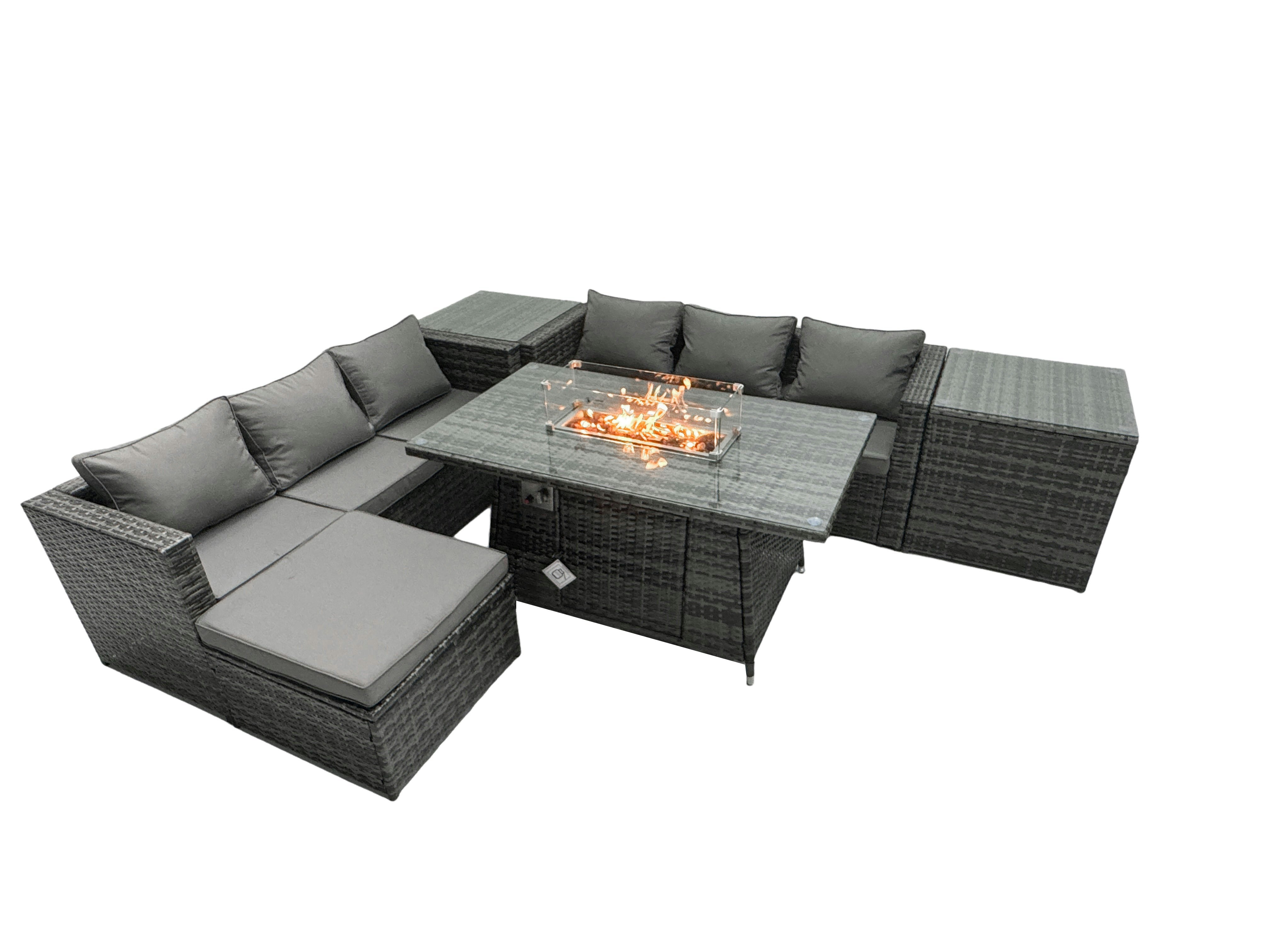 Rackhams Dark/Grey Rattan Garden Furniture Fire Pit Dining Set 6 Seater Lounge Sofa Table Set With 2 Side Tables Footstool