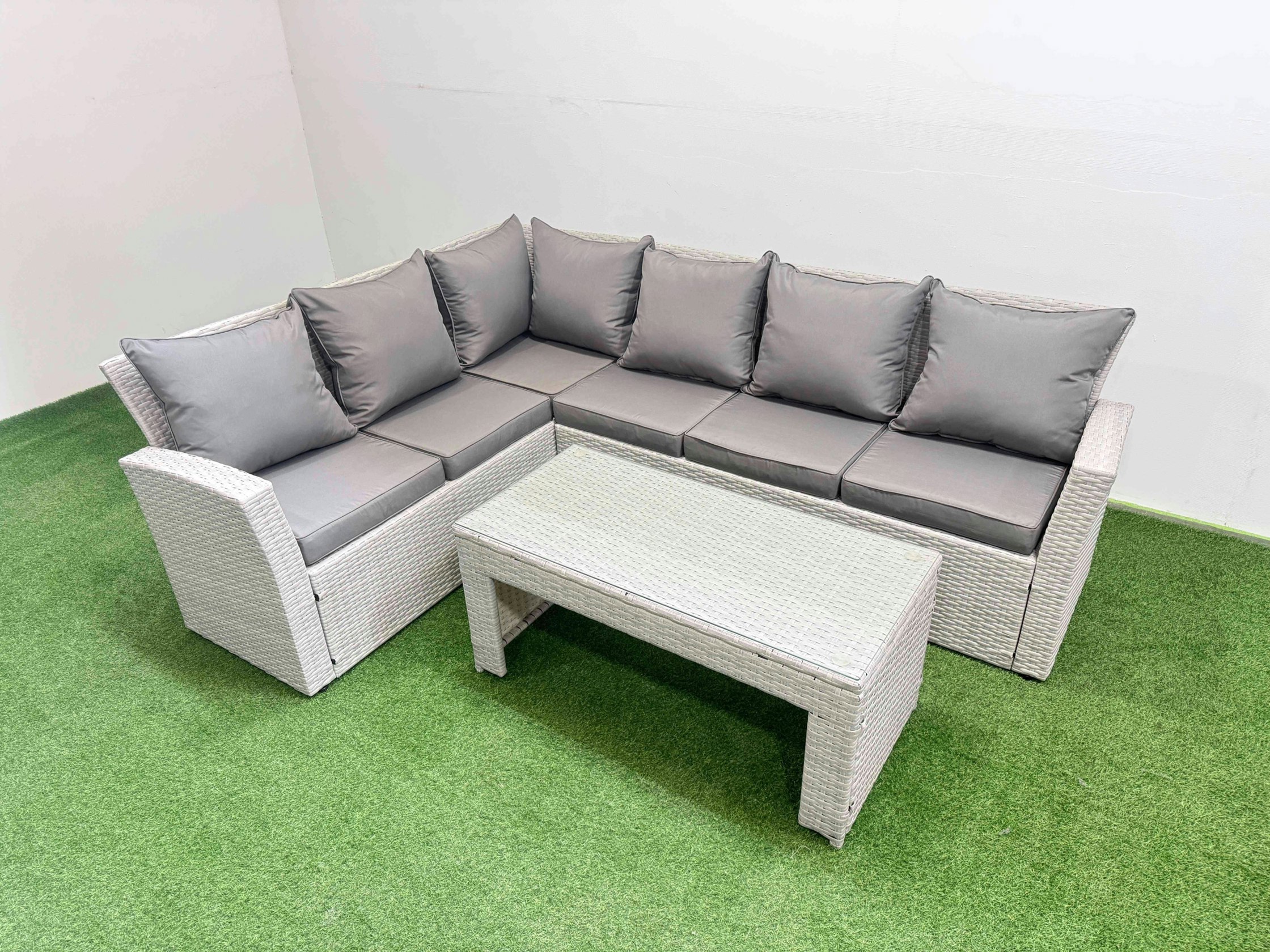 Fimous Light/Grey Rattan Garden Furniture Set Outdoor 6 Seater Corner Sofa Sets With Oblong Coffee Table Mixed