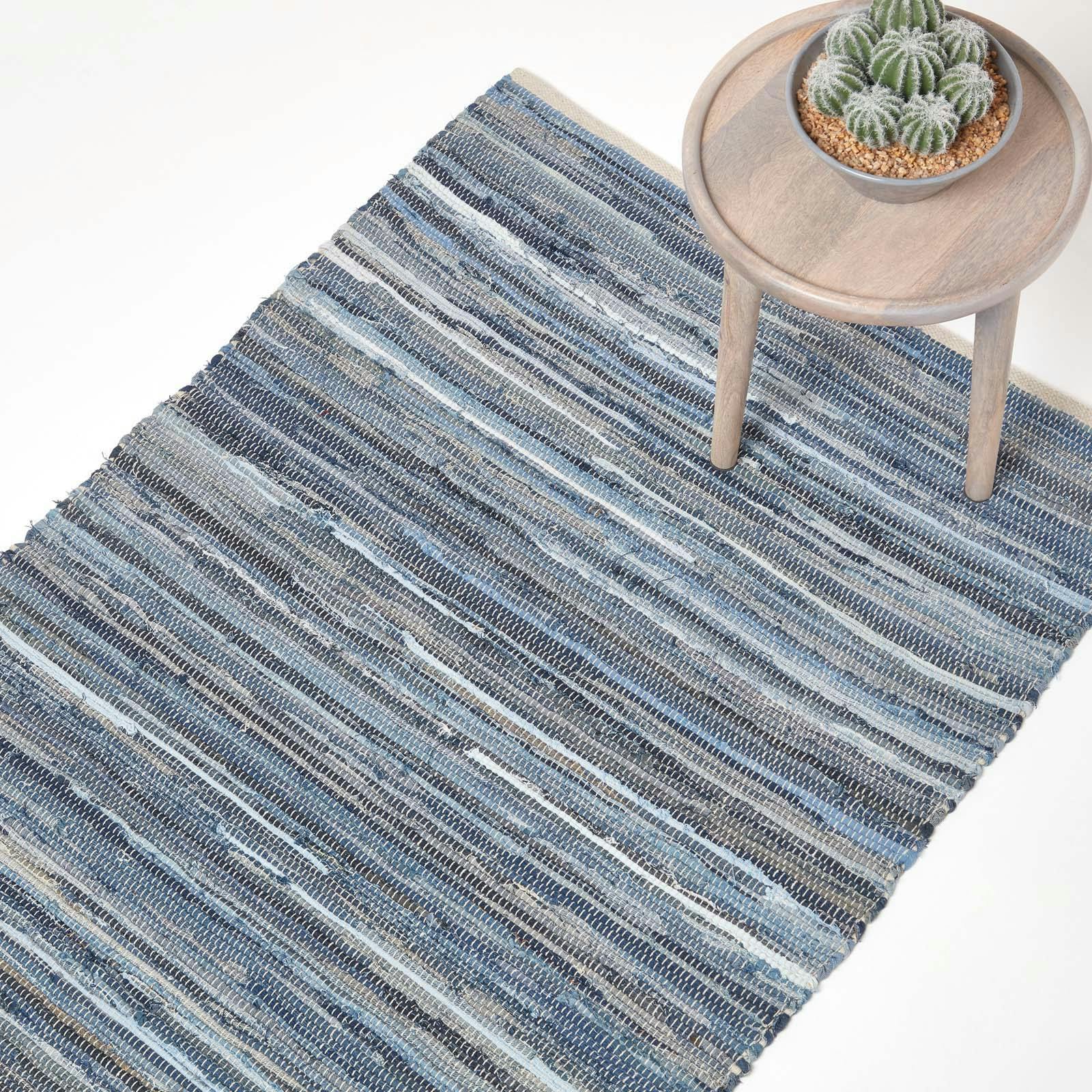 Rackhams Blue Denim Handwoven Striped Chindi Rug - 90 X 150 Cm