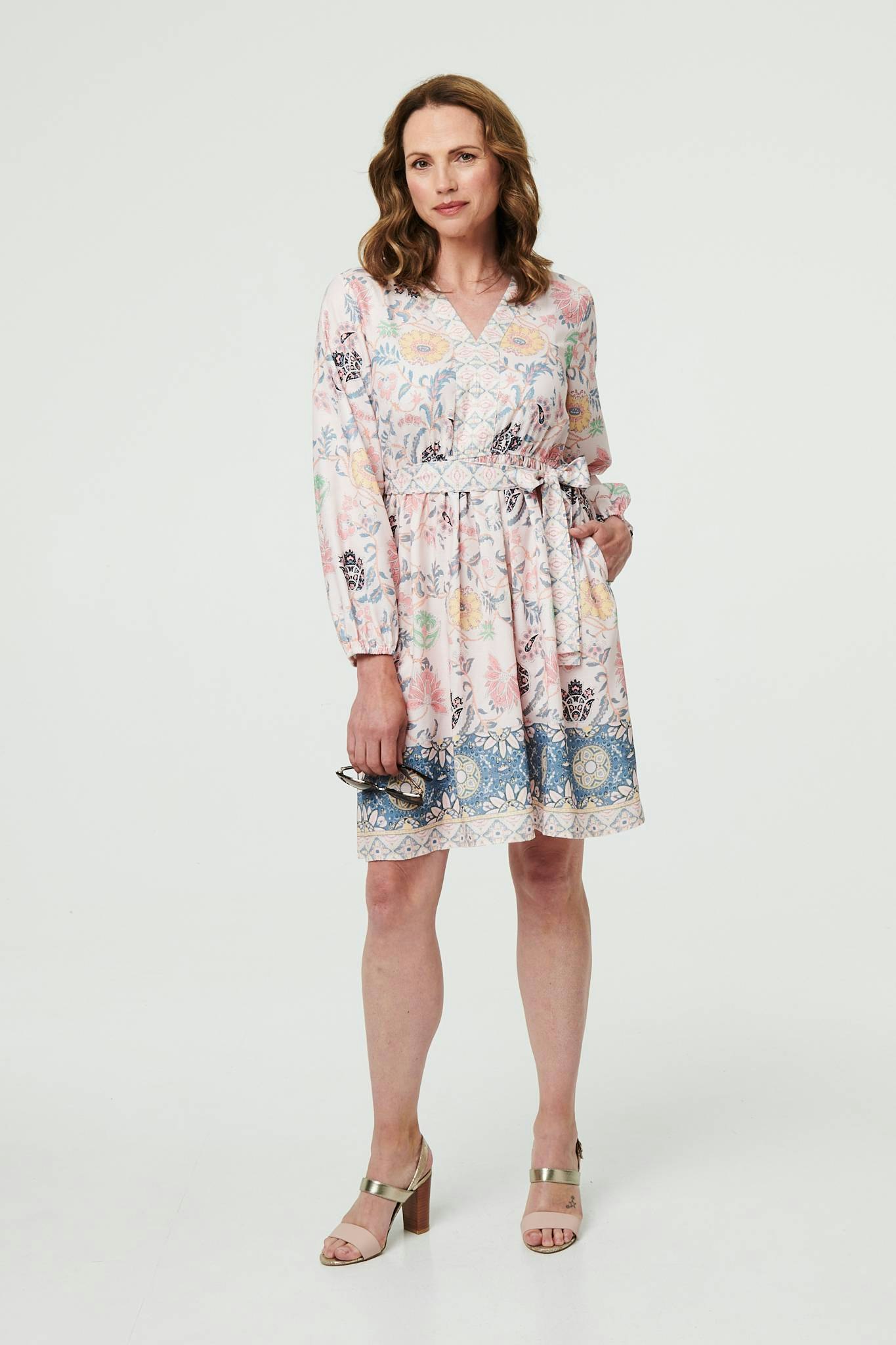 Izabel London Pink Border Print Tie Waist Knee Length Dress - 10