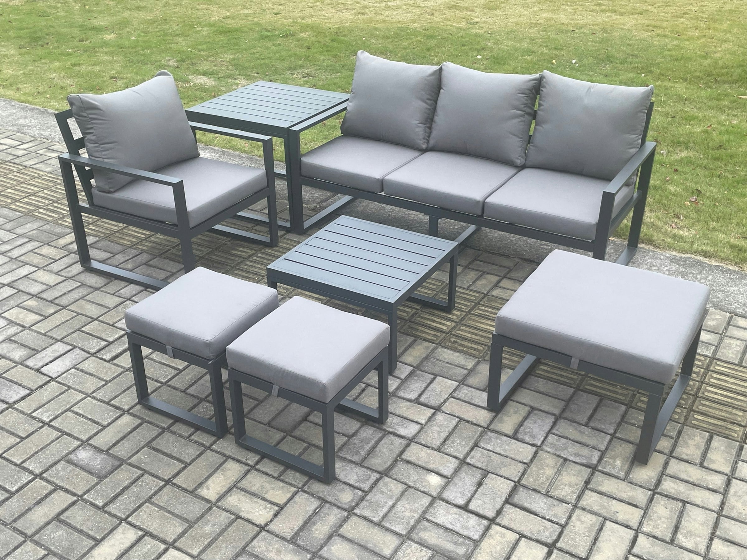 Rackhams Dark/Grey Aluminium Outdoor Garden Furniture Set Sofa Chair Square Coffee Table Sets With Side Table 3 Footstools 7 Seater