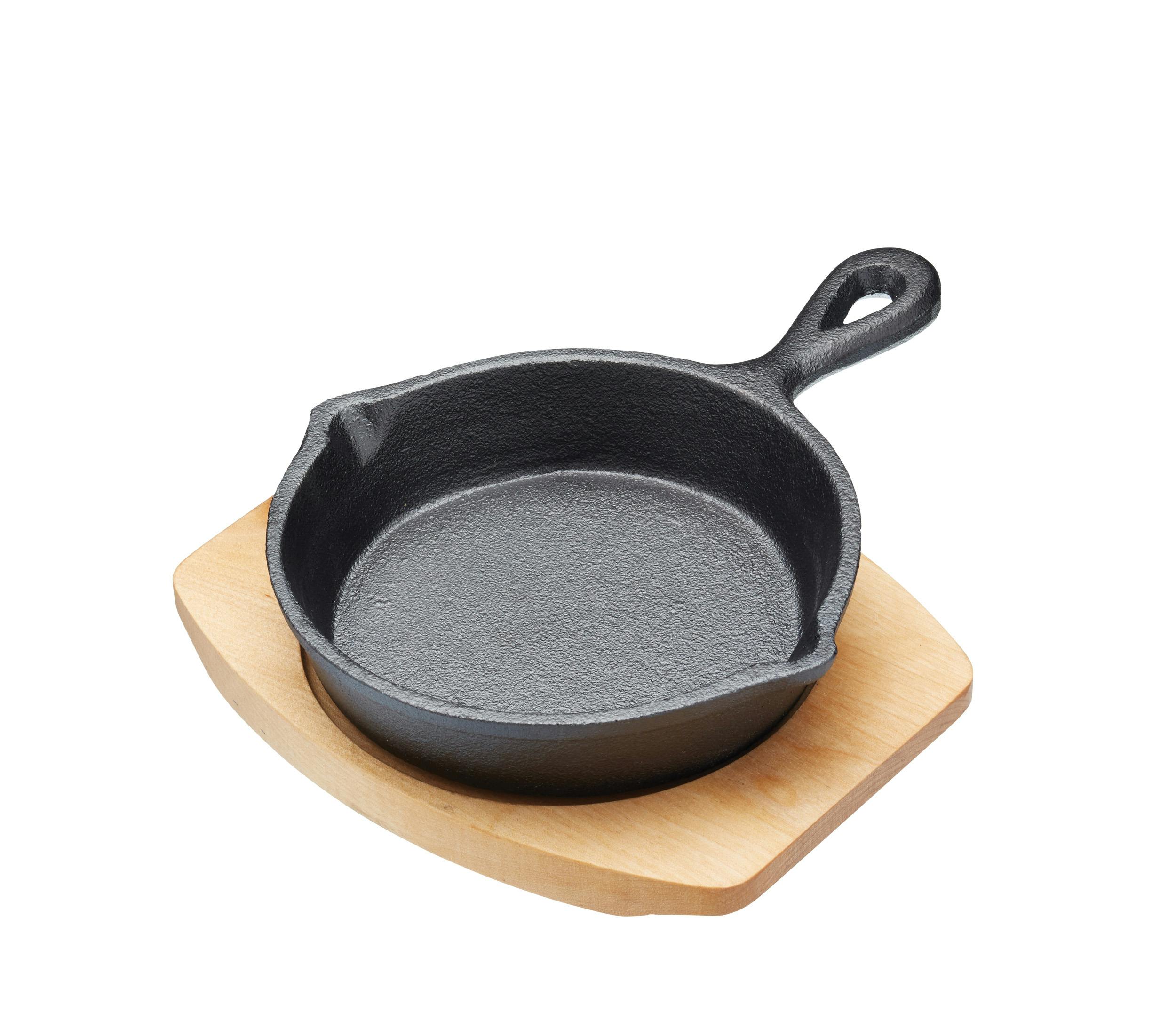 Artesà Small Frying Pan, Cast Iron, Non Stick, with Wooden Serving Board, Grill Pan Sizzle Skillet with Stand, for Fajitas, BBQ, Omelette, Tapas and Desserts, 13cm diameter, Black - Image 3