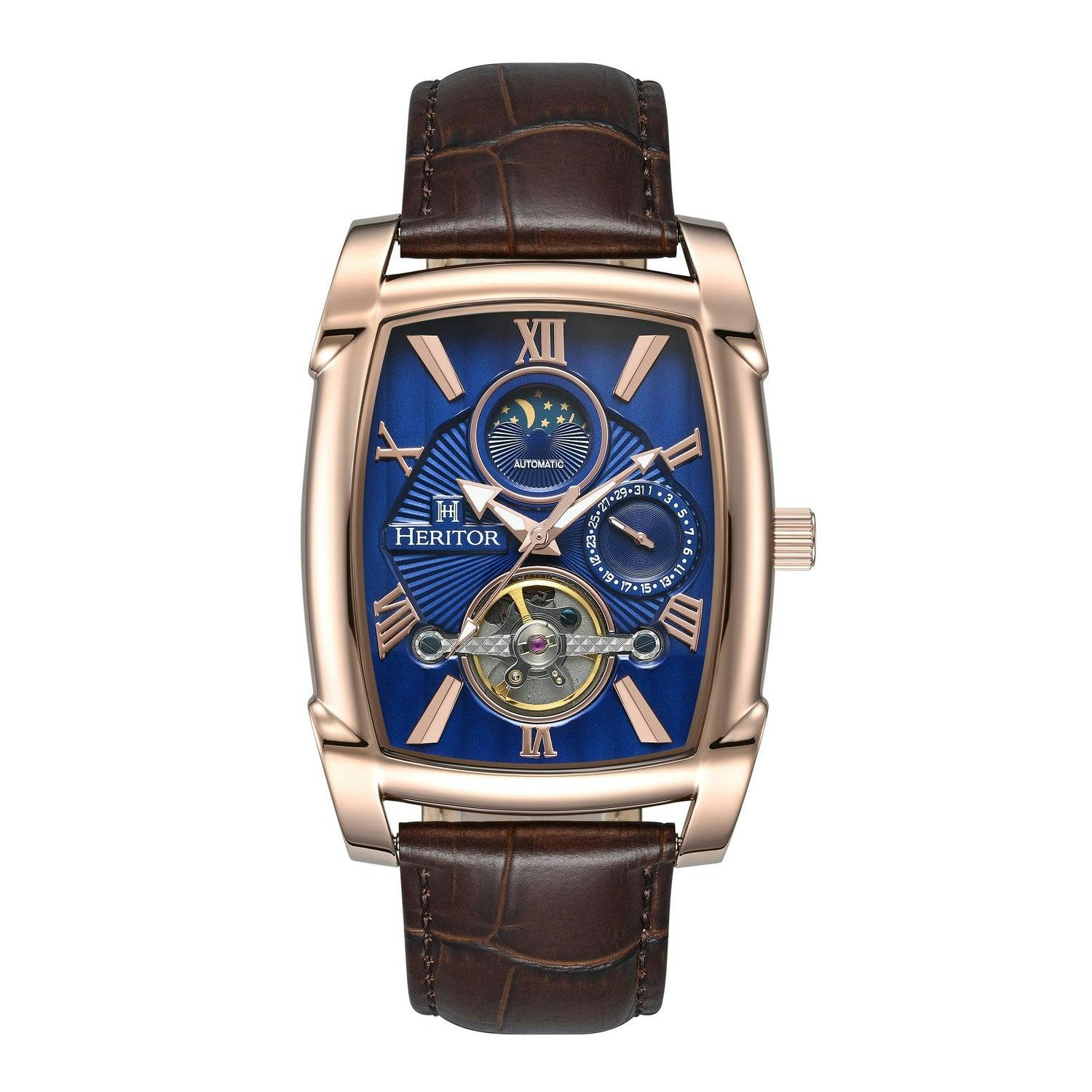 Heritor Automatic Gold/Brown Valentin Leather-Band Watch W/Date - Rose