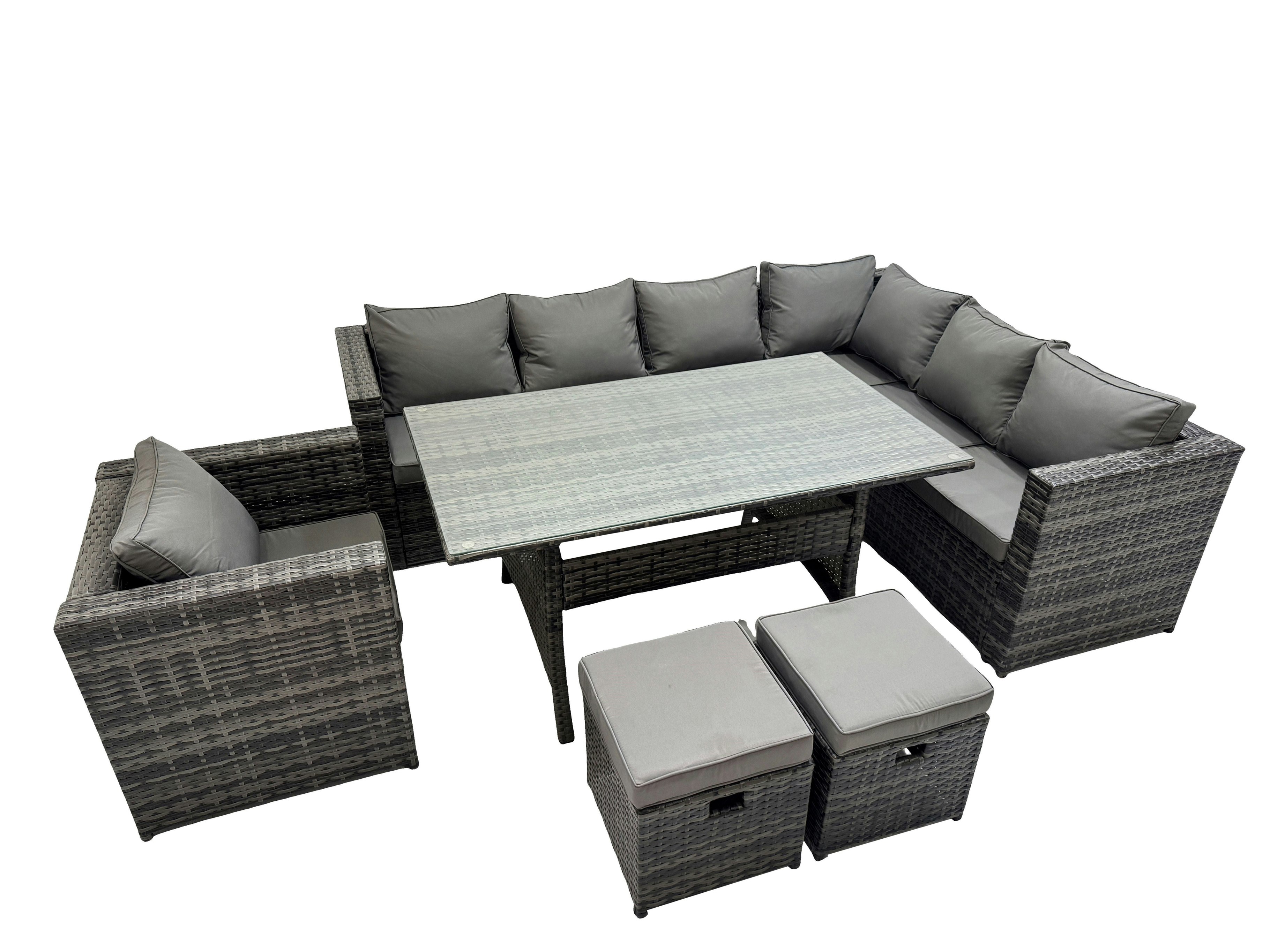 Rackhams Dark/Grey Rattan Garden Furniture Set Outdoor 10 Seater Patio Dining Corner Sofa Sets With Dining Table Chair 2 Small Stools Mixed
