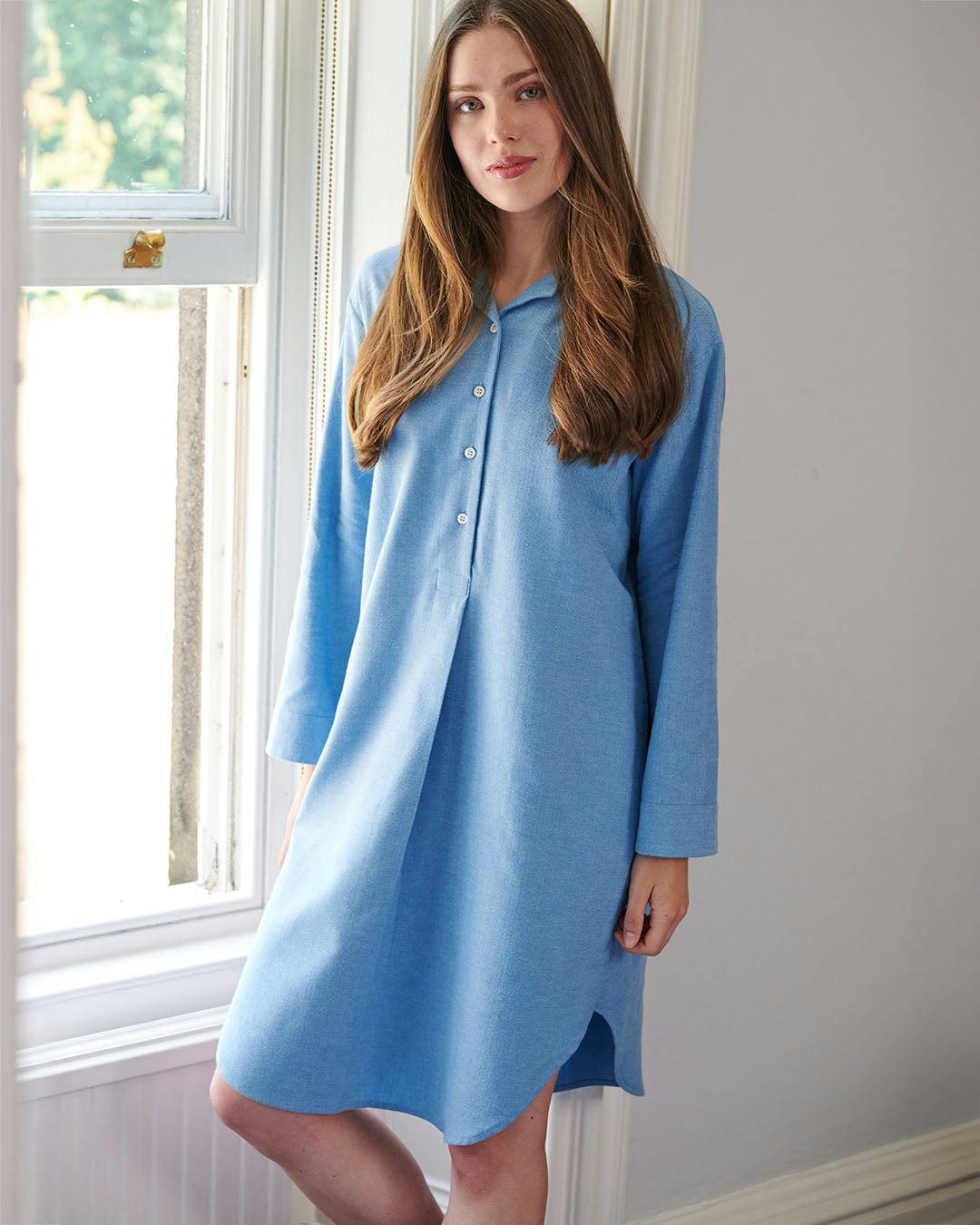 British Boxers Women's Sky Blue Brushed Cotton Nightshirt – Herringbone - Medium