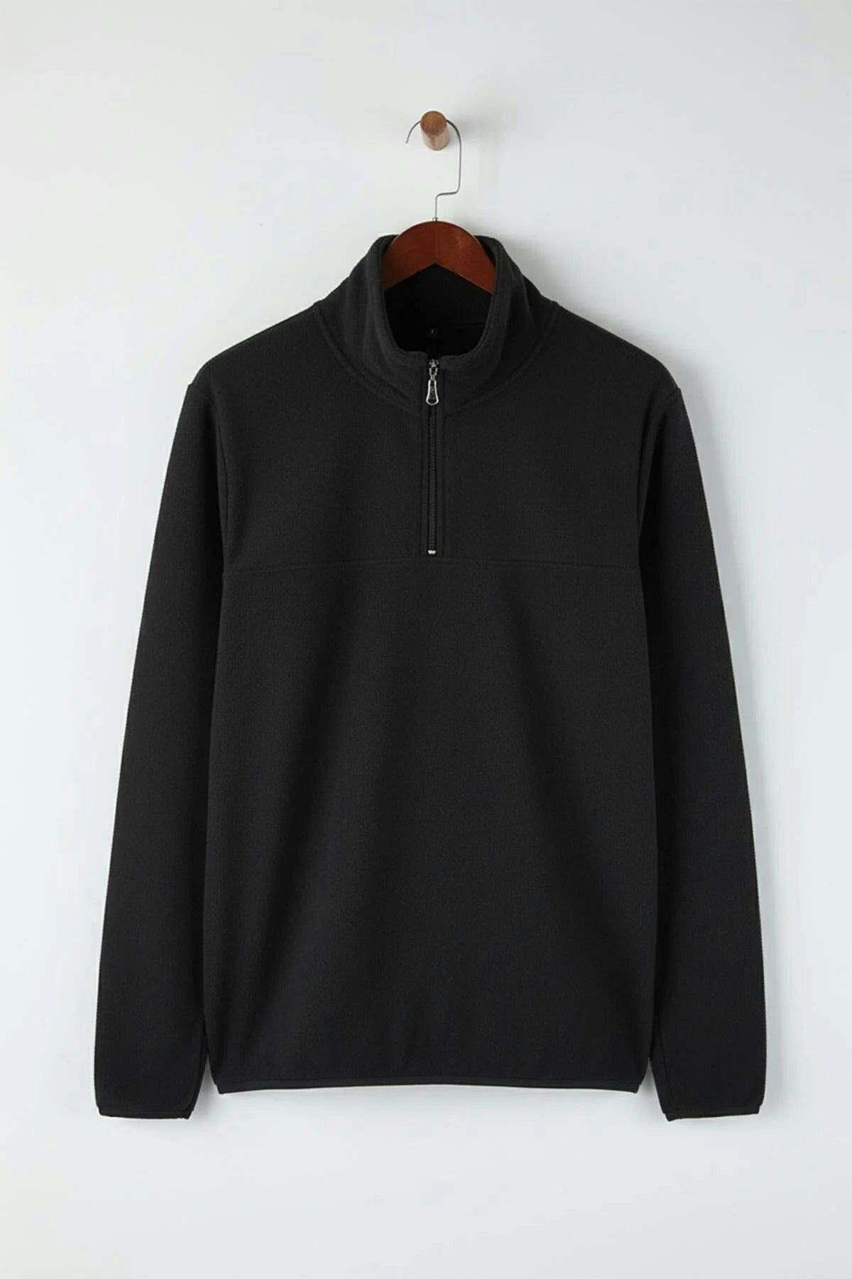 Wovcor Men's Black Regular Stand Collar Zippered Polar Fleece Sweatshirt With Stitching Details - Xs