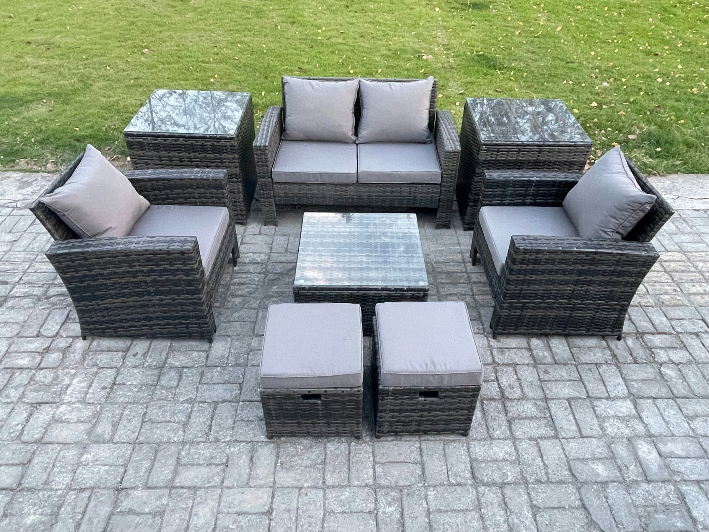 Fimous Dark/Grey Rattan Wicker Garden Furniture Patio Conservatory Sofa Set With Square Coffee Table Armchair 2 Seater Sofa 2 Small Footstools 2 Side Tables