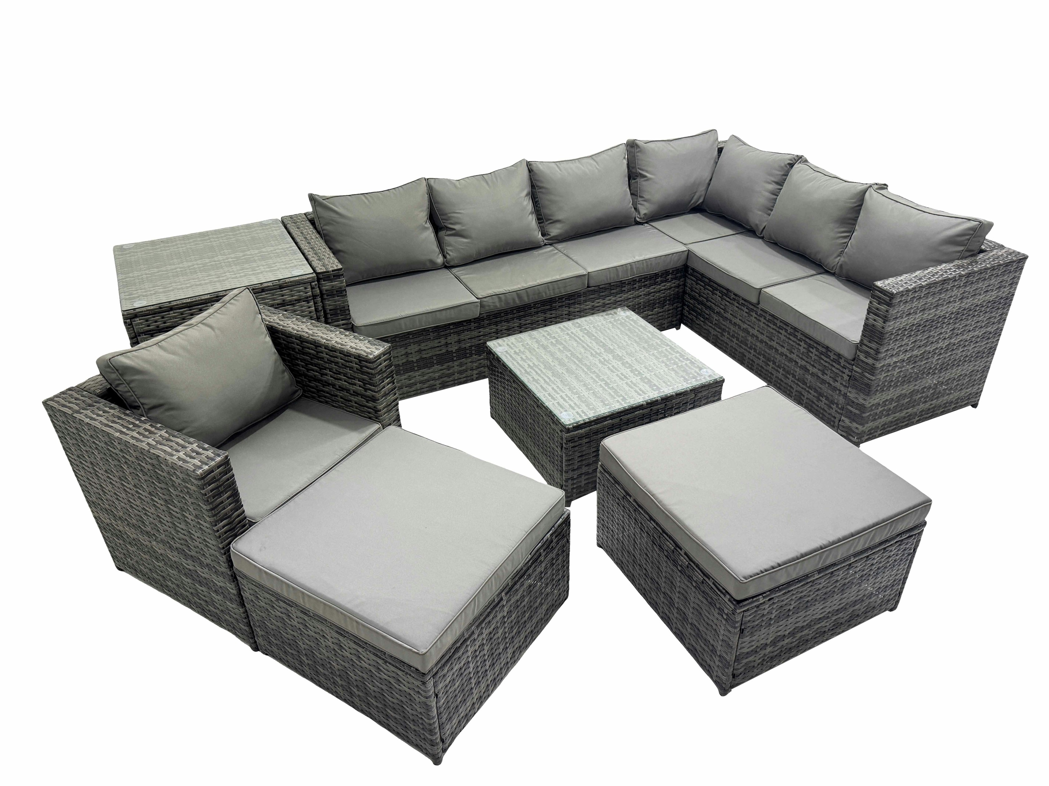 Rackhams Dark/Grey Outdoor Pe Rattan Garden Furniture Sofa Set With Square Coffee Table Chair 2 Big Stools Side Table