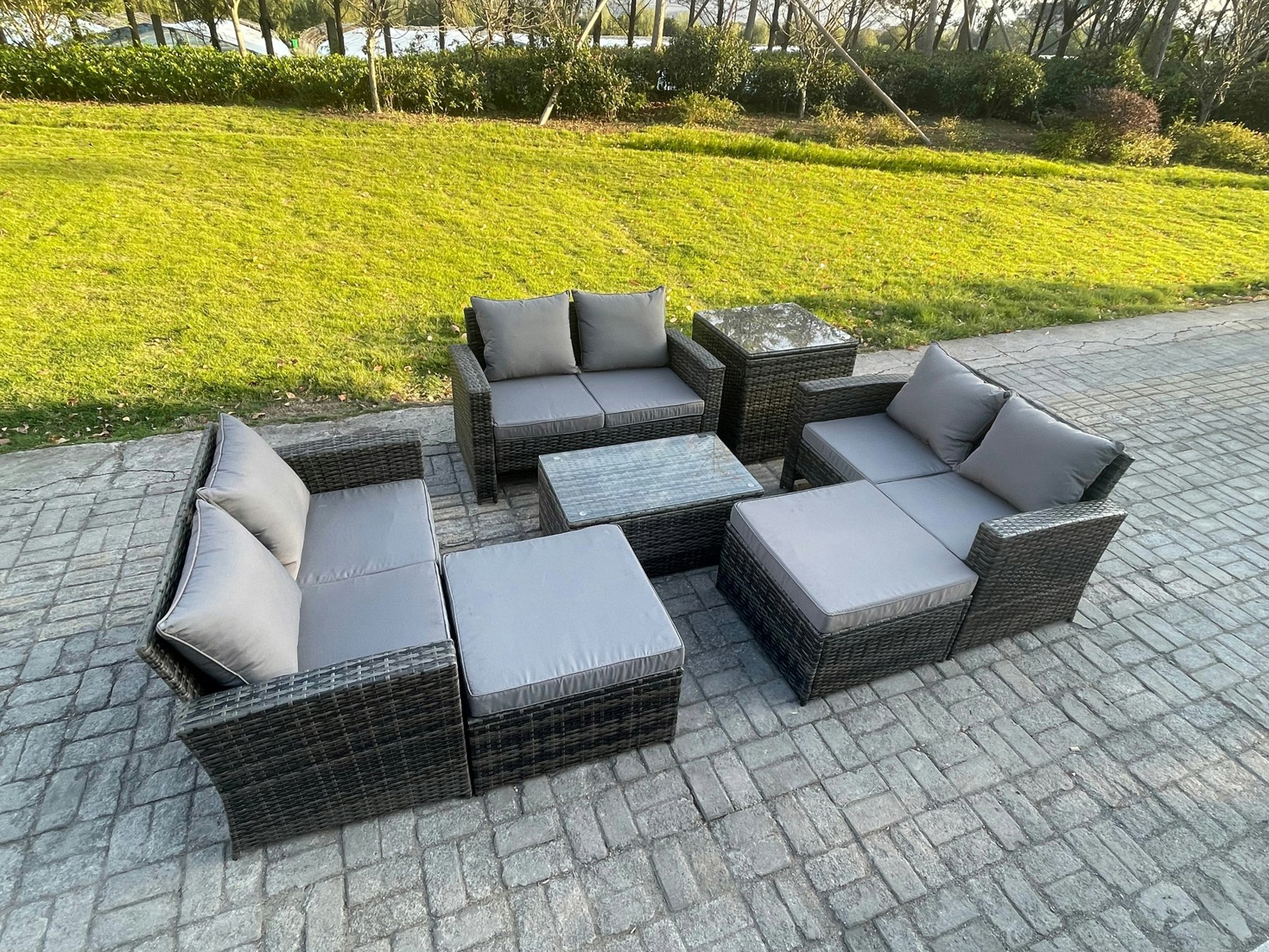 Rackhams Dark/Grey 7 Pc Rattan Sofa Garden Furniture Outdoor Patio Set With Side Tables 2 Big Footstool Love Seat Sofa Mixed