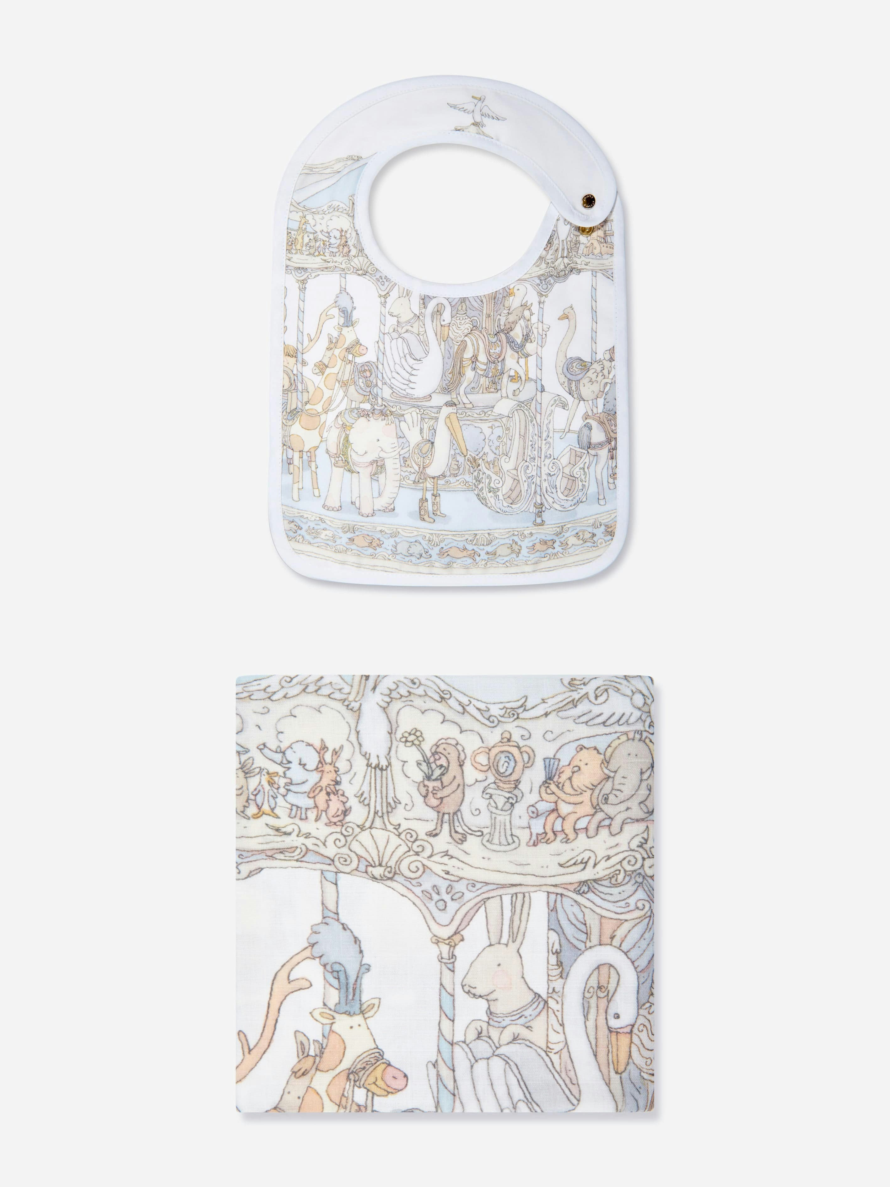 Atelier Choux Men's Blue Baby Boys Carousel Swaddle And Satin Bib Gift Set In - Multicoloured - One Size