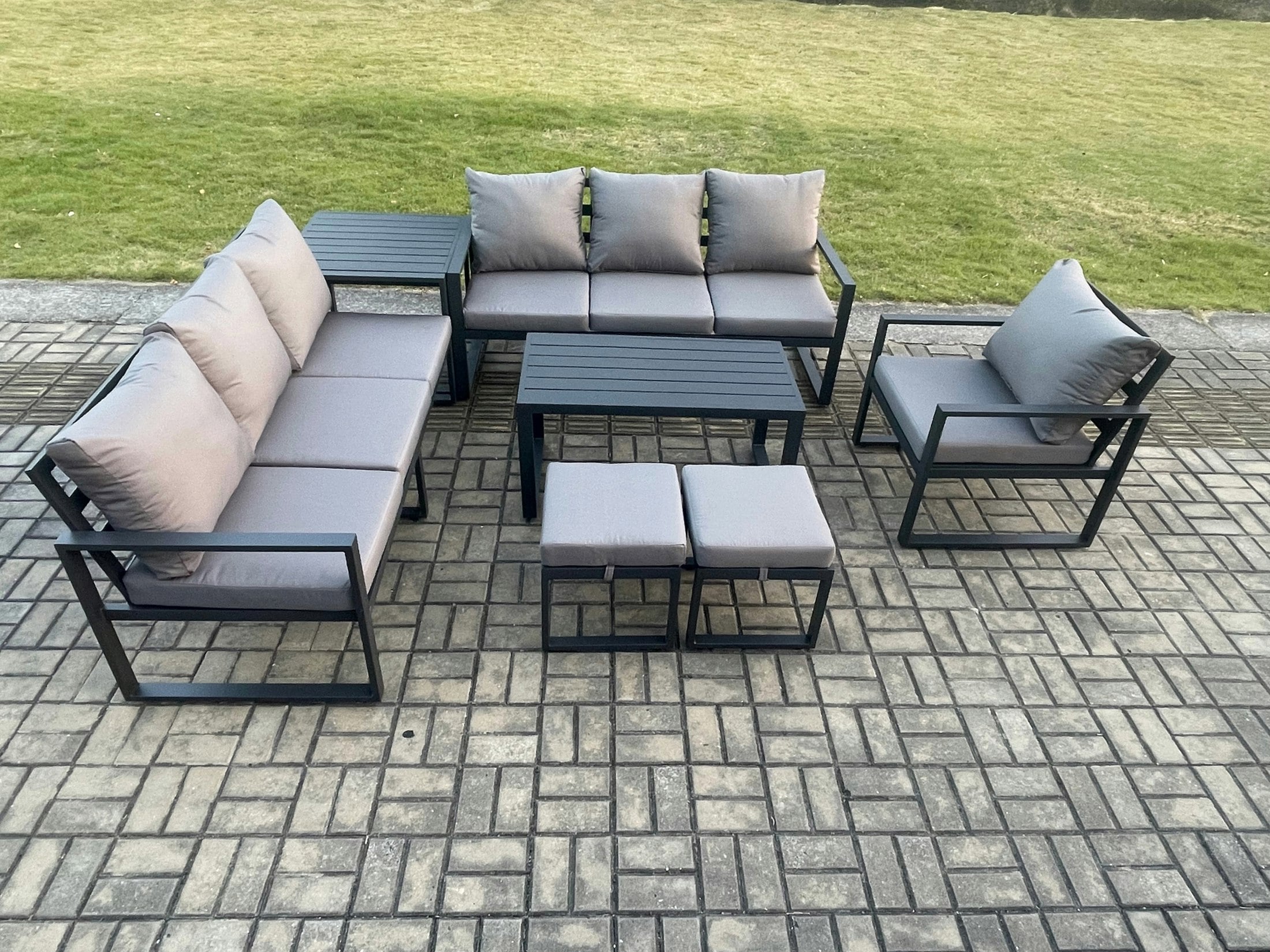 Rackhams Dark/Grey Aluminium 9 Seater Garden Furniture Outdoor Patio Sofa Set With Rectangular Coffee Table Armchair 2 Small Footstool Side Table