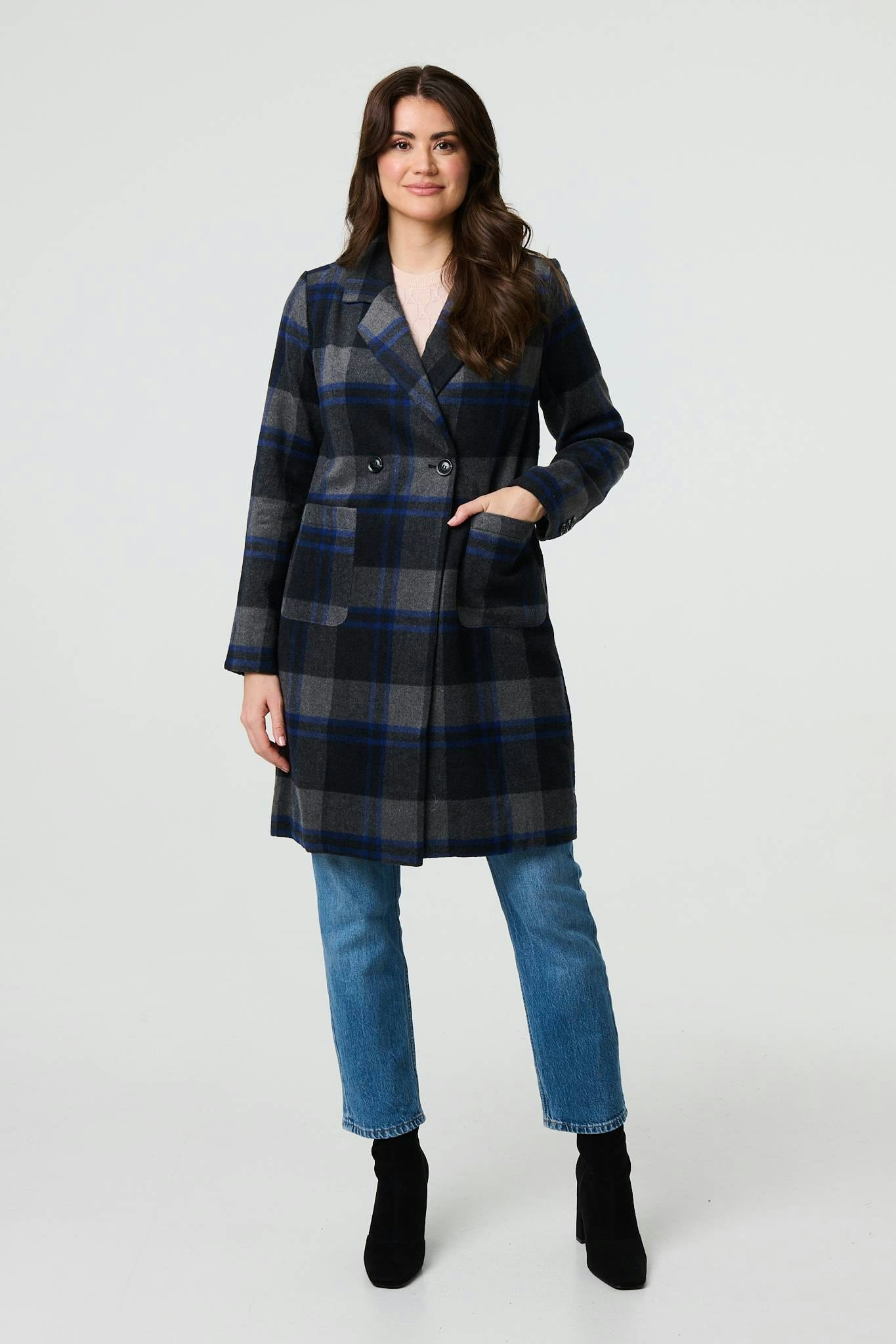 Izabel London Blue Checked Double Breasted Blazer Jacket - 8