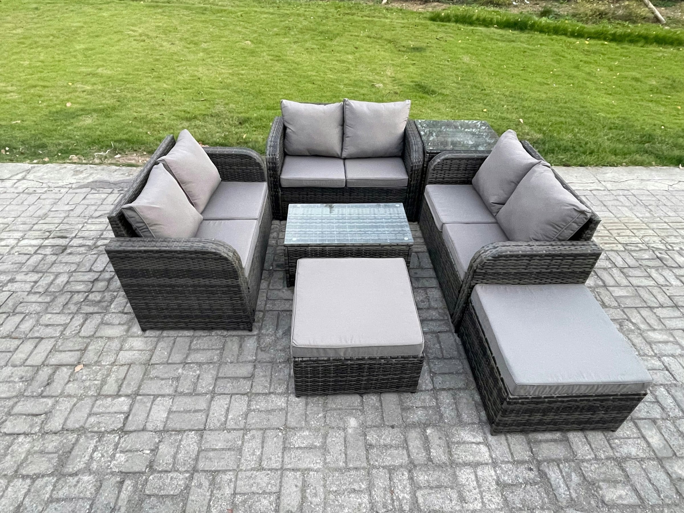 Rackhams Dark/Grey Wicker Pe Rattan Garden Furniture Set 8 Seater Outdoor Lounge Sofa Set With Love Sofa Coffee Table Side Table 2 Big Footstool Mixed