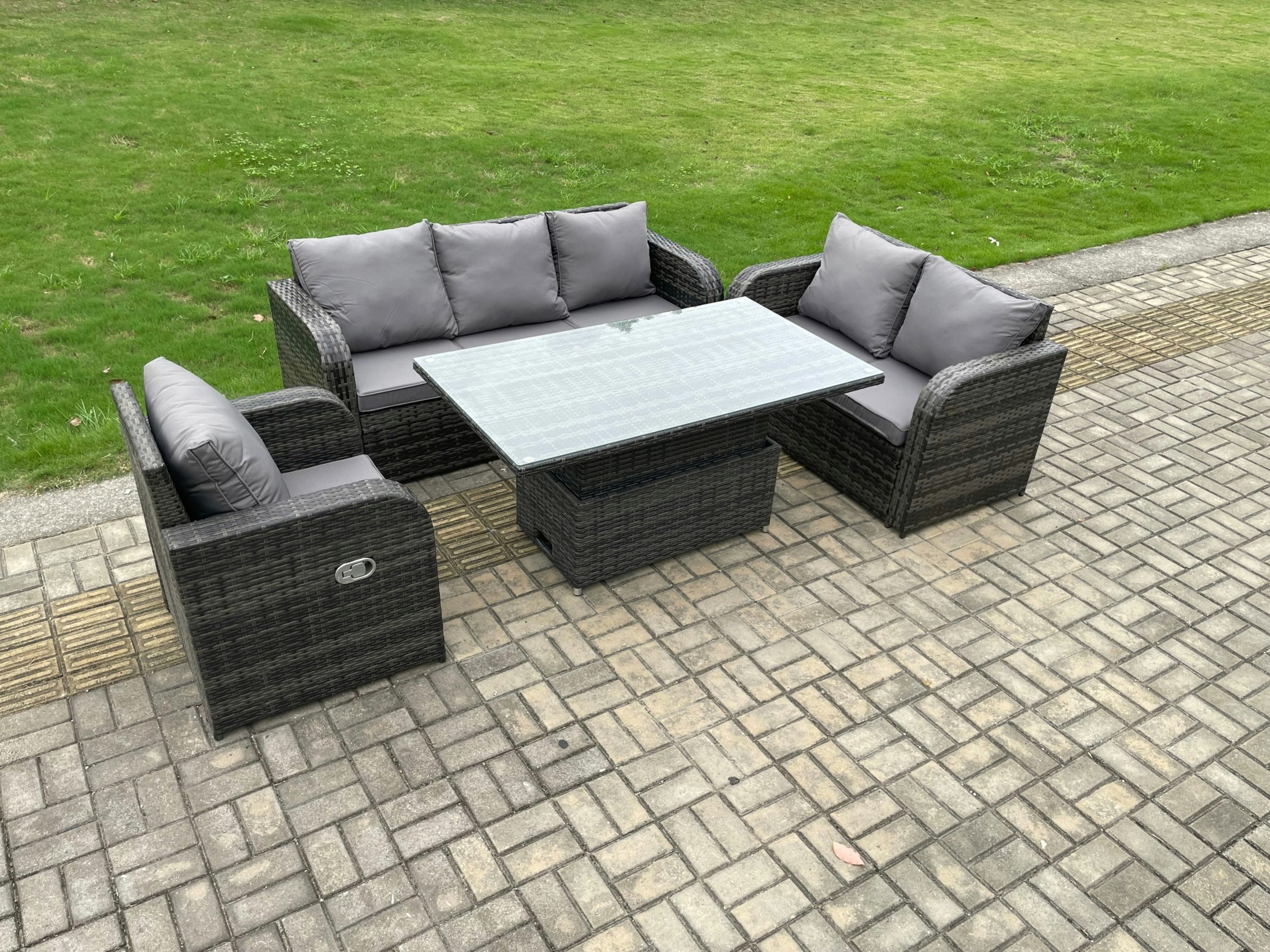 Fimous Dark/Grey Outdoor Rattan Garden Dining Set - Mixed Patio Height Adjustable Rising Lifting Table With 3-Seater Sofa & Reclining Chair