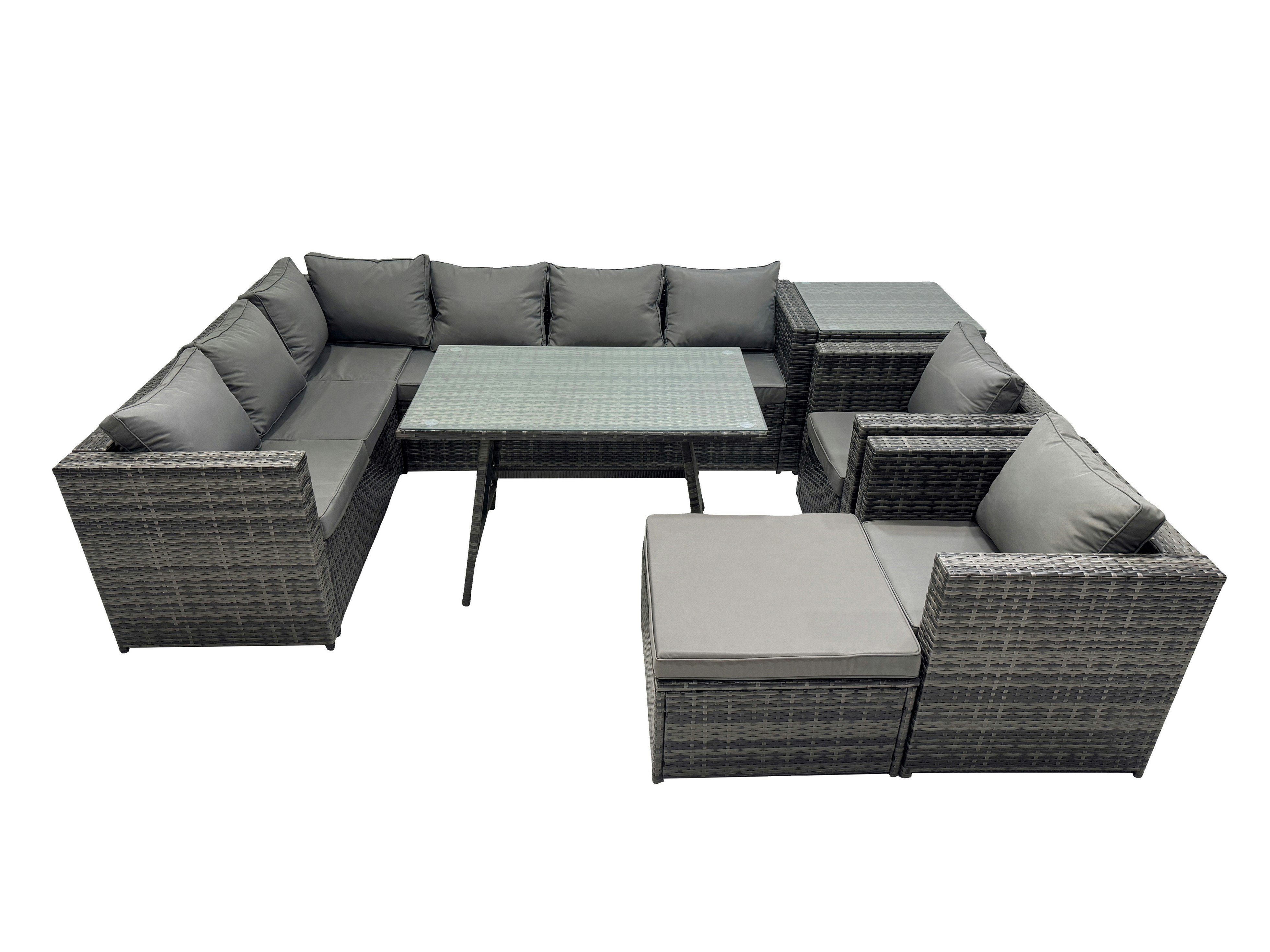 Fimous Dark/Grey 9 Seater Outdoor Pe Rattan Sofa Set With Dining Table Patio Garden Furniture Sets With 2 Chair Big Stool Side Table Mixed