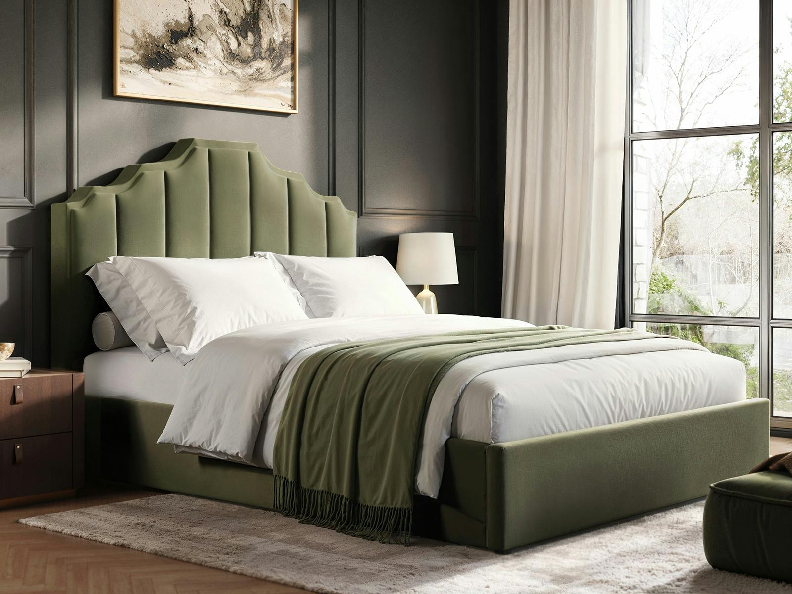 Rackhams Green Margot Ottoman Bed Khaki Velvet - Kingsize