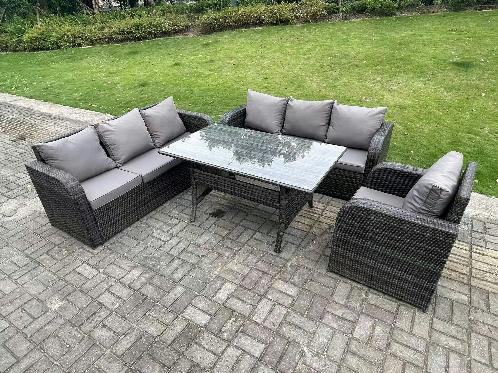 Rackhams Dark/Grey 7 Seater Pe Wicker Rattan Garden Furniture Set Reclining Chair Lounge Sofa 3 Seater Sofa Set Outdoor Rectangular Dining Table