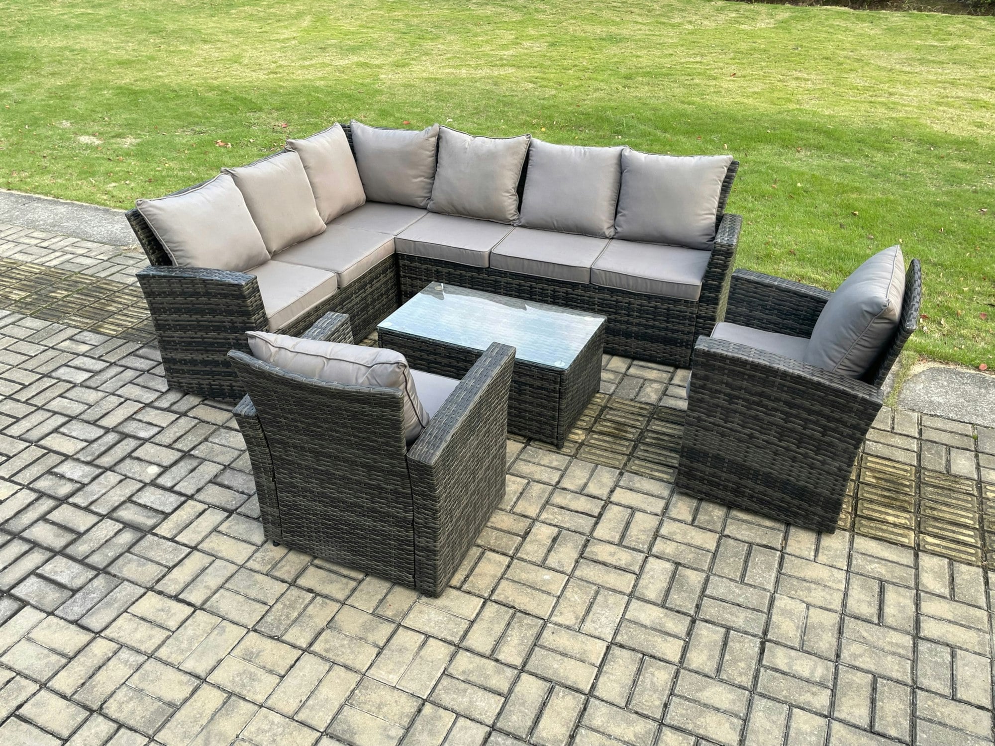 Fimous Dark/Grey 8 Seater High Back Outdoor Garden Furniture Set Rattan Corner Sofa Sets With Rectangular Coffee Table 2 Armchairs Mixed