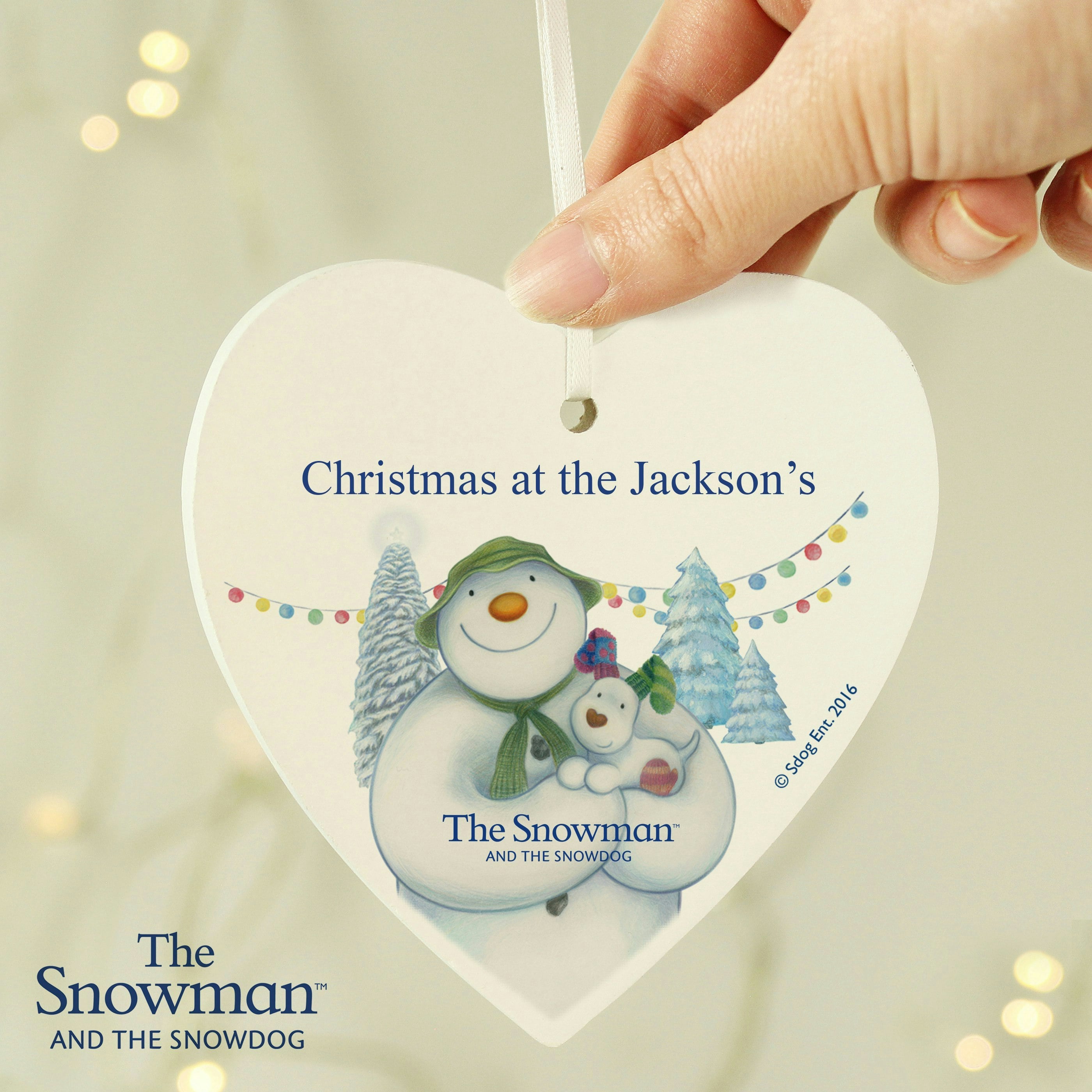 Rackhams Personalised The Snowman And The Snowdog Wooden Heart Decoration