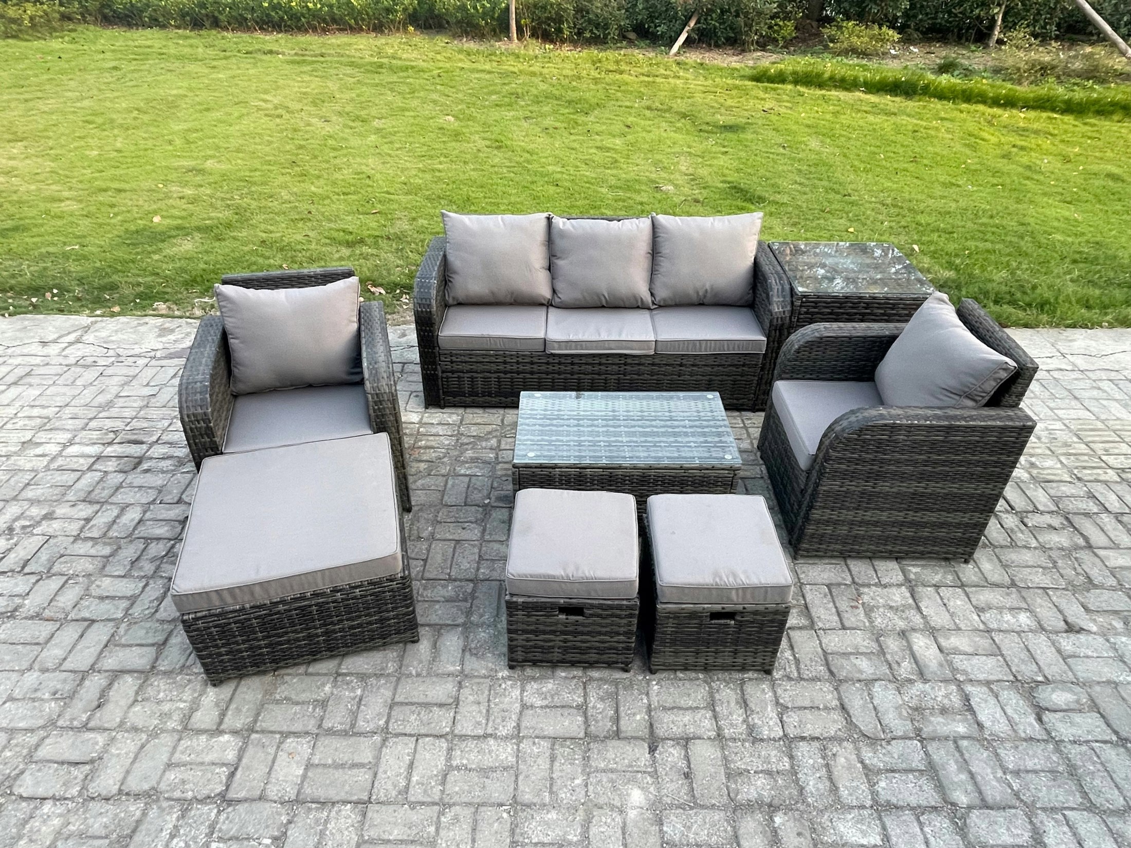 Fimous Dark/Grey 8 Seater Mixed Rattan Outdoor Lounge Set - Rectangular Coffee Table, 3 Footstools & 3-Seater Sofa