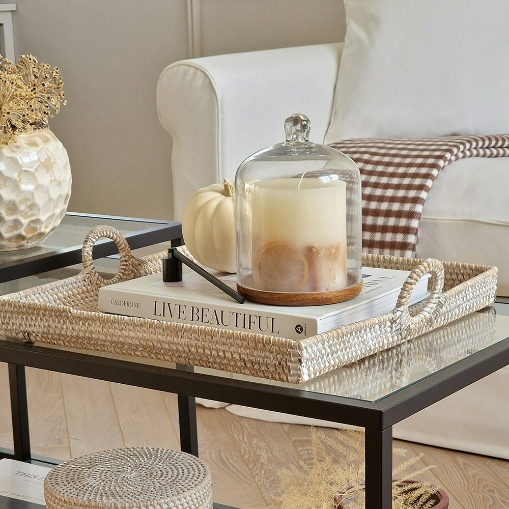 Rackhams White Decorative Serving Tray Made Of Rattan - 3 Colours - Wash