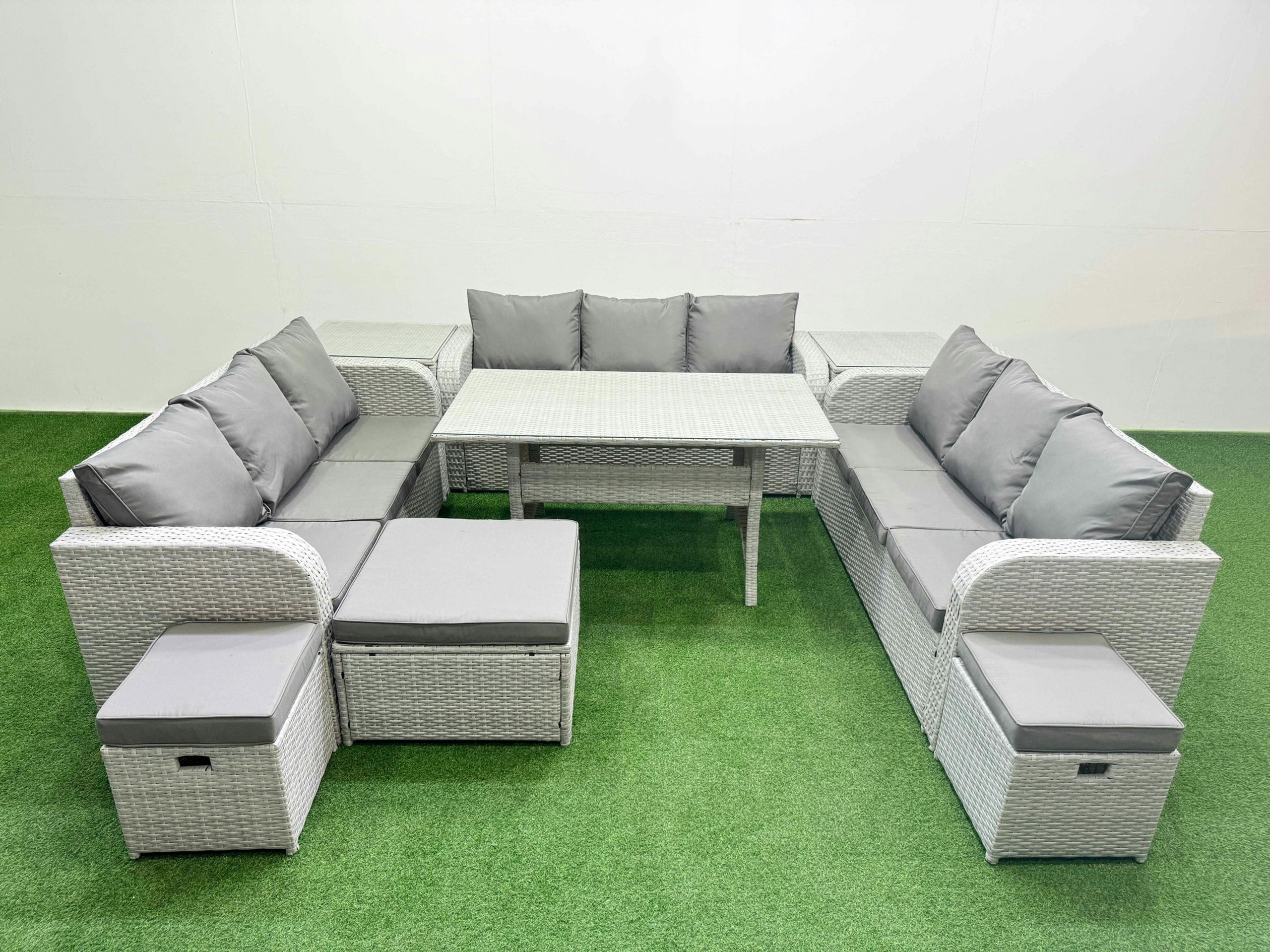 Rackhams Light/Grey Pe Rattan Lounge Sofa Set 12 Seater Outdoor Garden Furniture Set With Rectangular Dining Table 3 Seater Sofa 3 Stools 2 Side Table