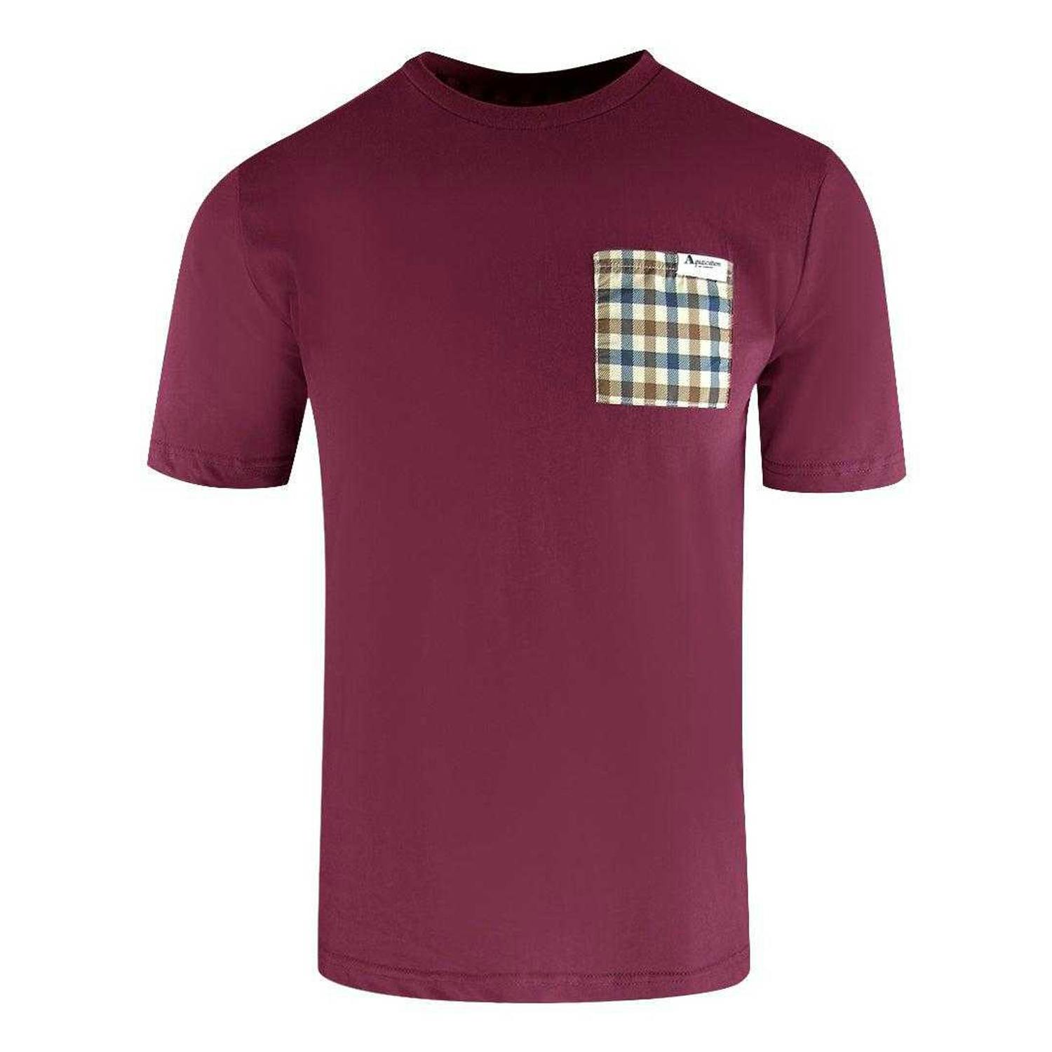 Aquascutum Men's Burgundy Checked Chest Pocket Active T-Shirt - M - 100% Organic Cotton
